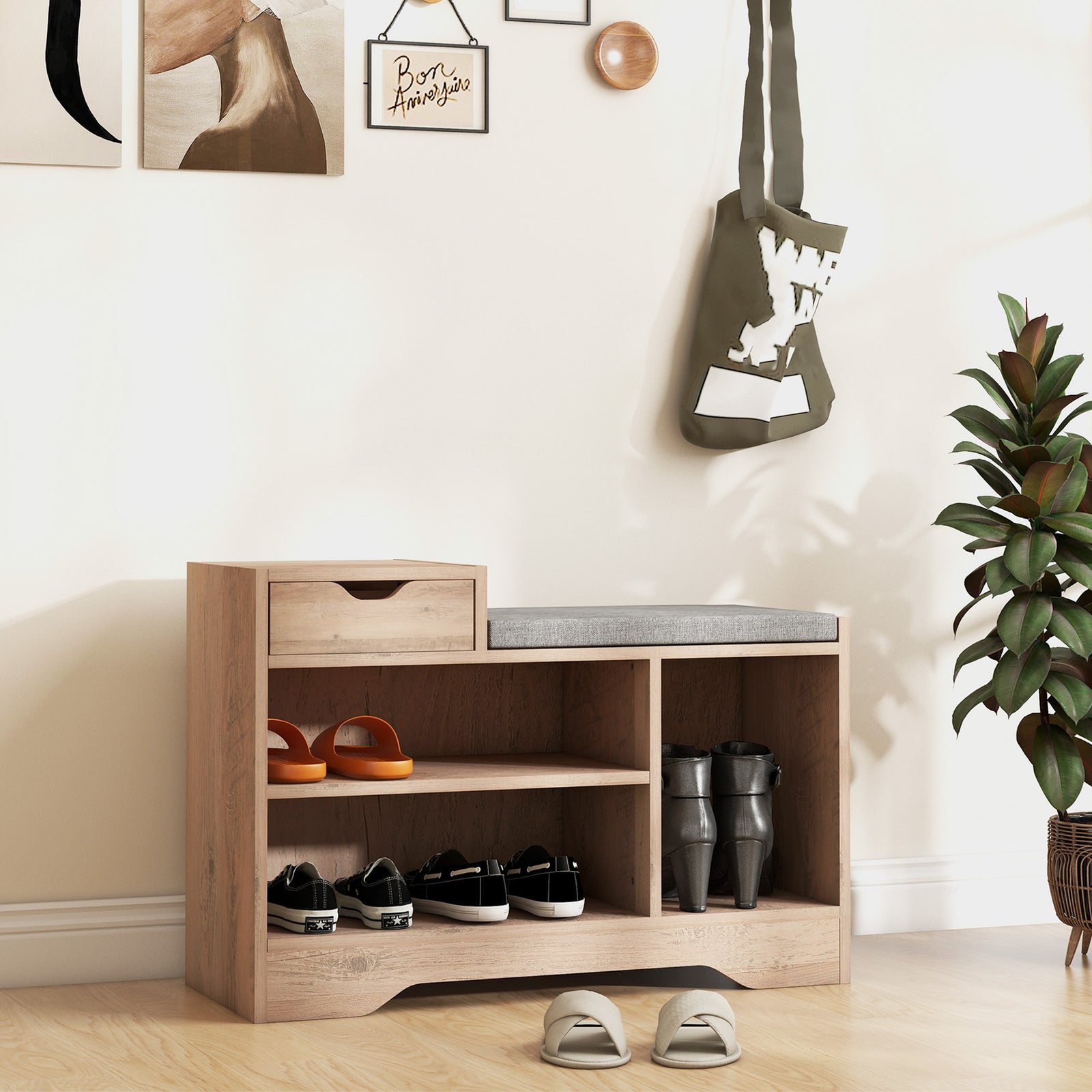 Shoe Bench With Drawer Shelves And Seating Cushion