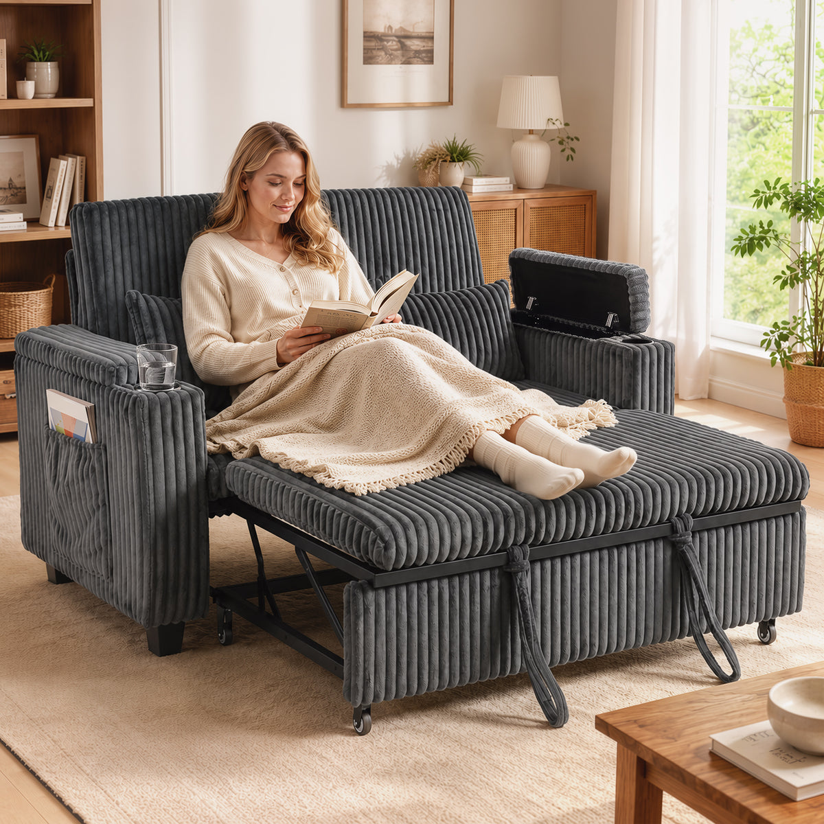2 Seater Sofa Bed, 3-in-1 Corduroy Pull Out Sleeper Sofa | Dark Grey