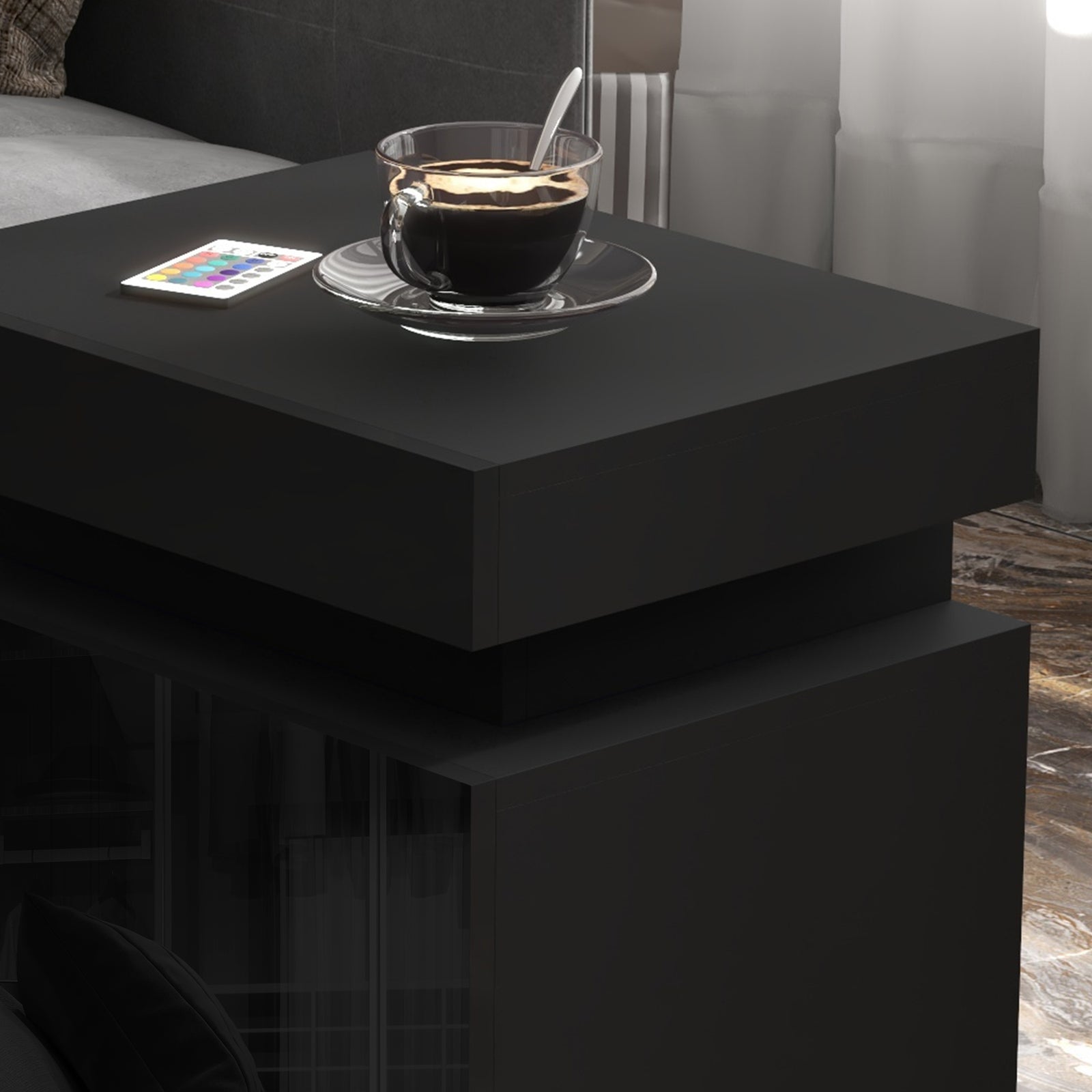 High Gloss Bedside Table With Led Light And 2 Drawers, Black