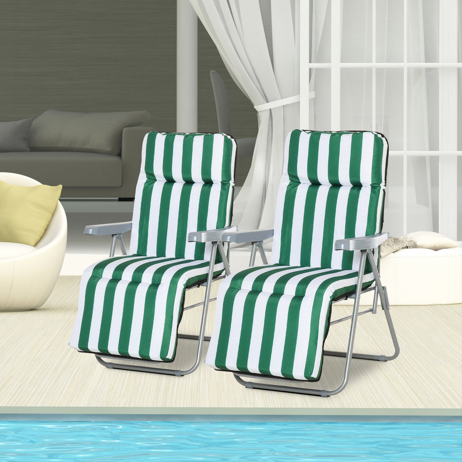 Set Of 2 Adjustable Sun Lounger Recliner Reclining Seat | Green