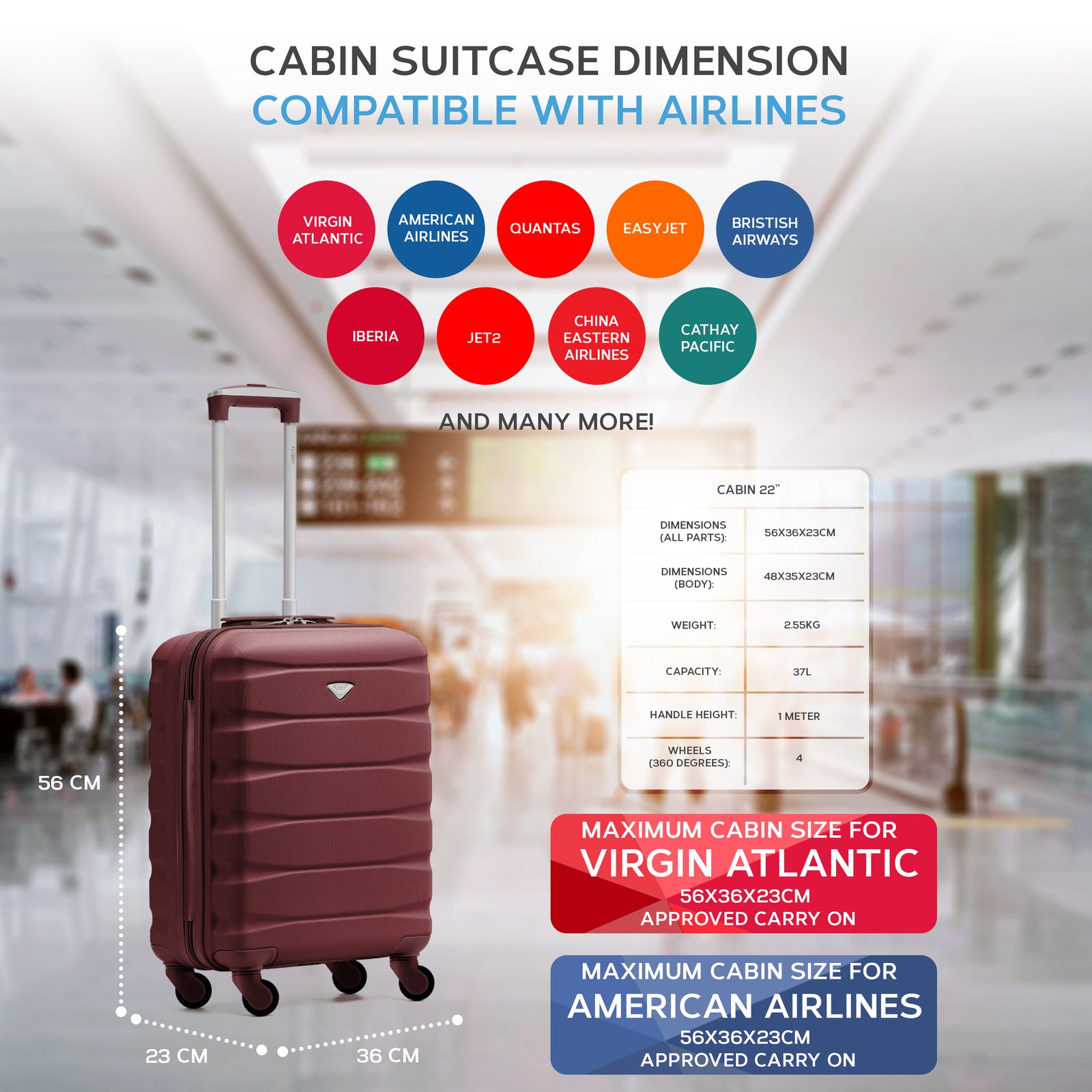 56x36x23cm Lightweight 4 Wheel Carry-on Cabin Suitcase 30+ Airline Approved - Overhead Luggage | 56 x 36 x 23cm | Burgundy