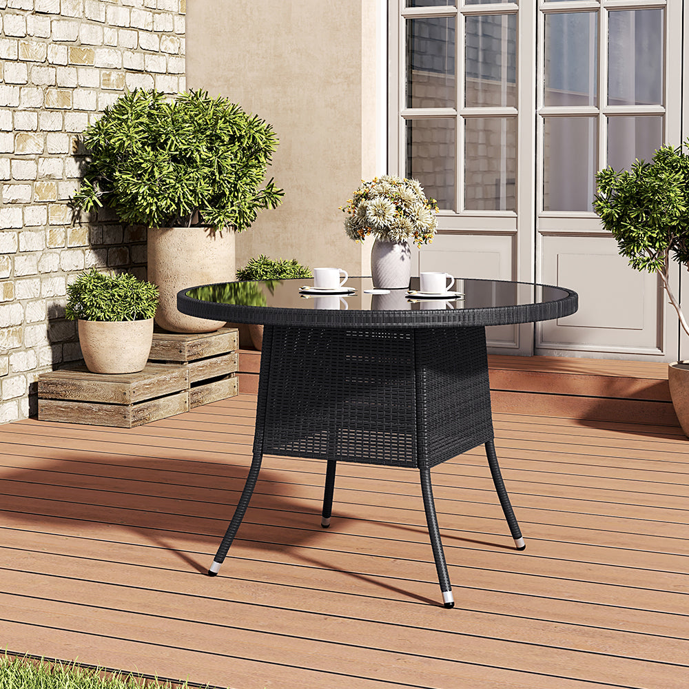 Round Garden Wicker Tempered Glass Table With Parasol Hole - 105cm Dia X 72 Cm H | One Size | Black