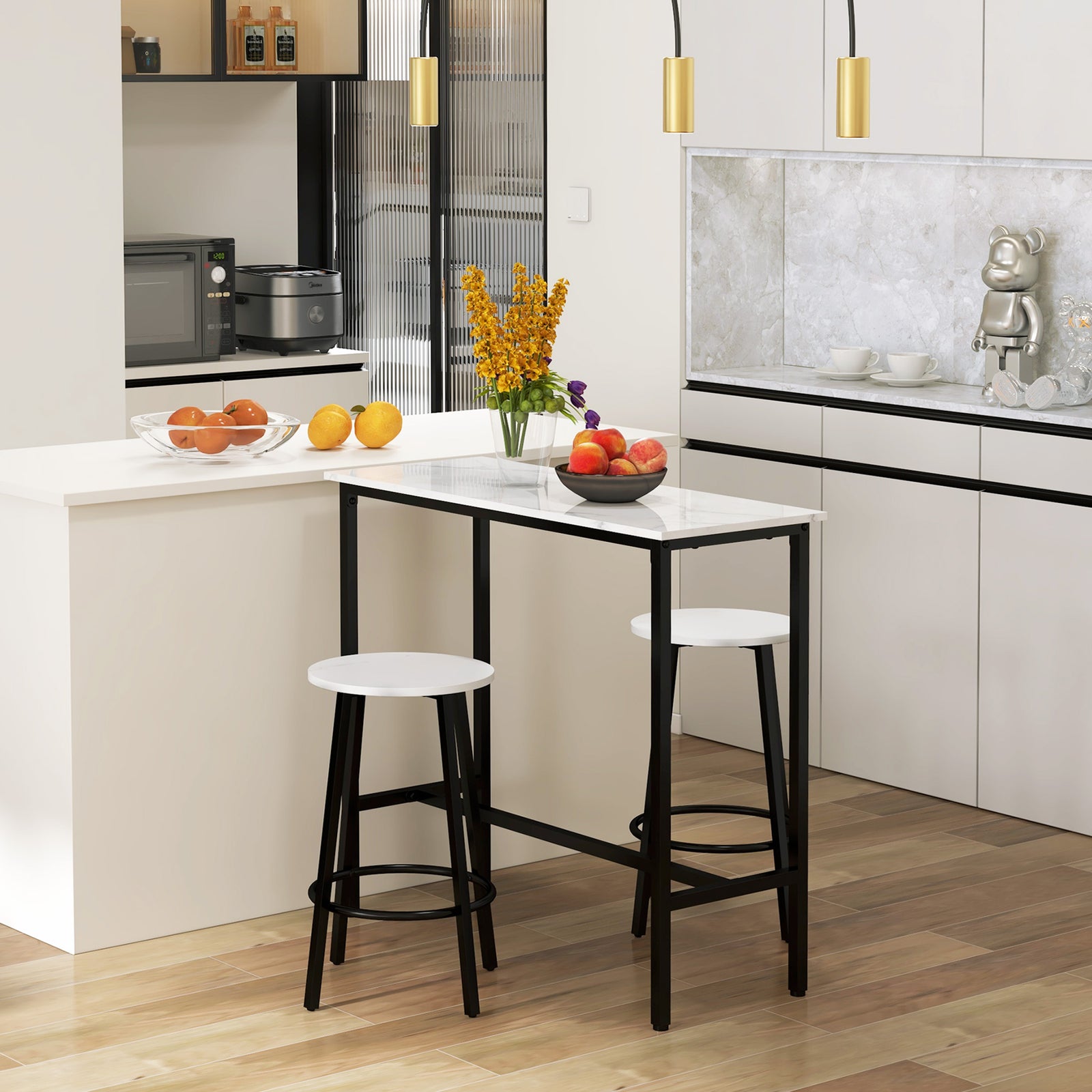 Bar Table Set For 2, Stools, Footrest, White