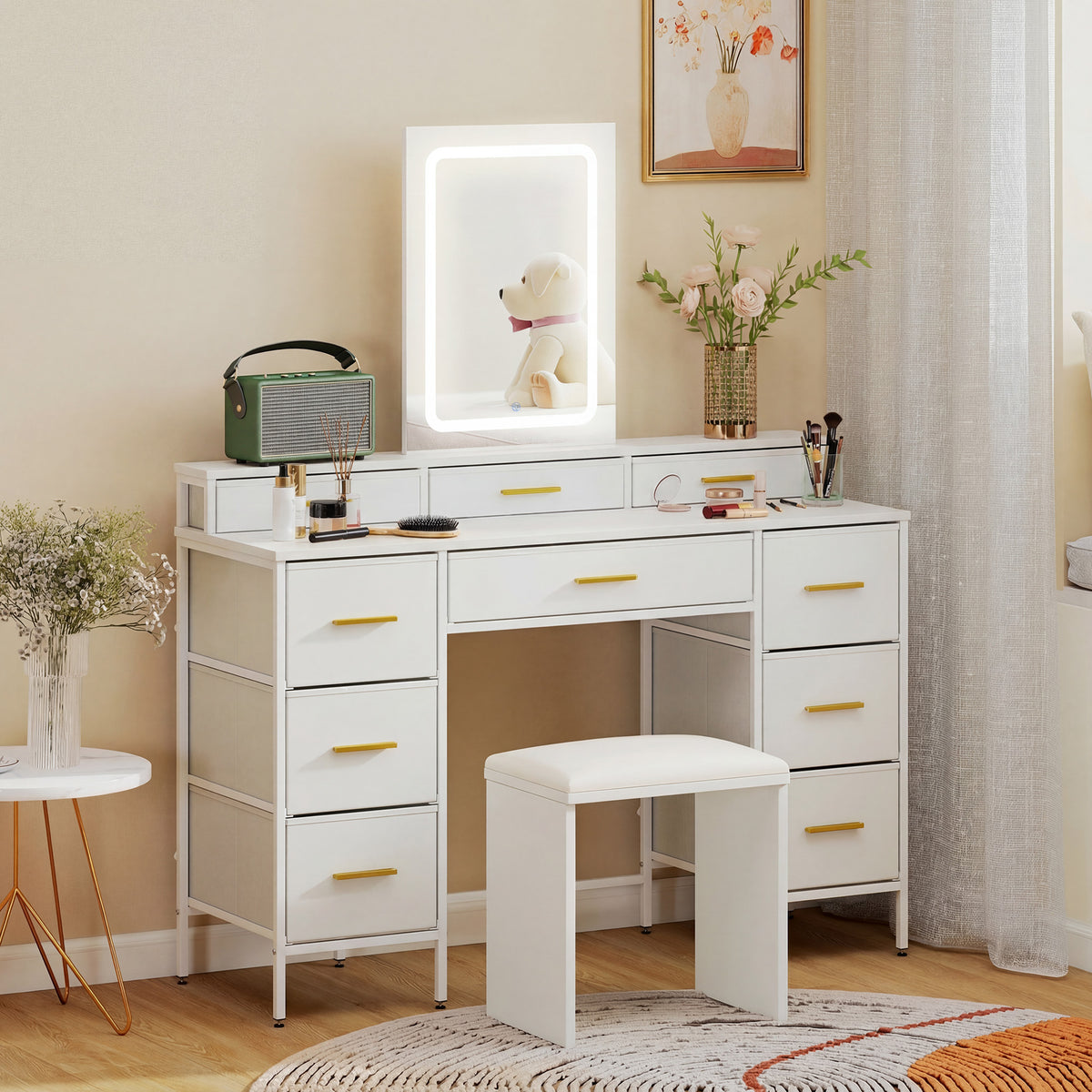 HOMCOM Dressing Table With Led Lighting Mirror And 10 Drawers, White