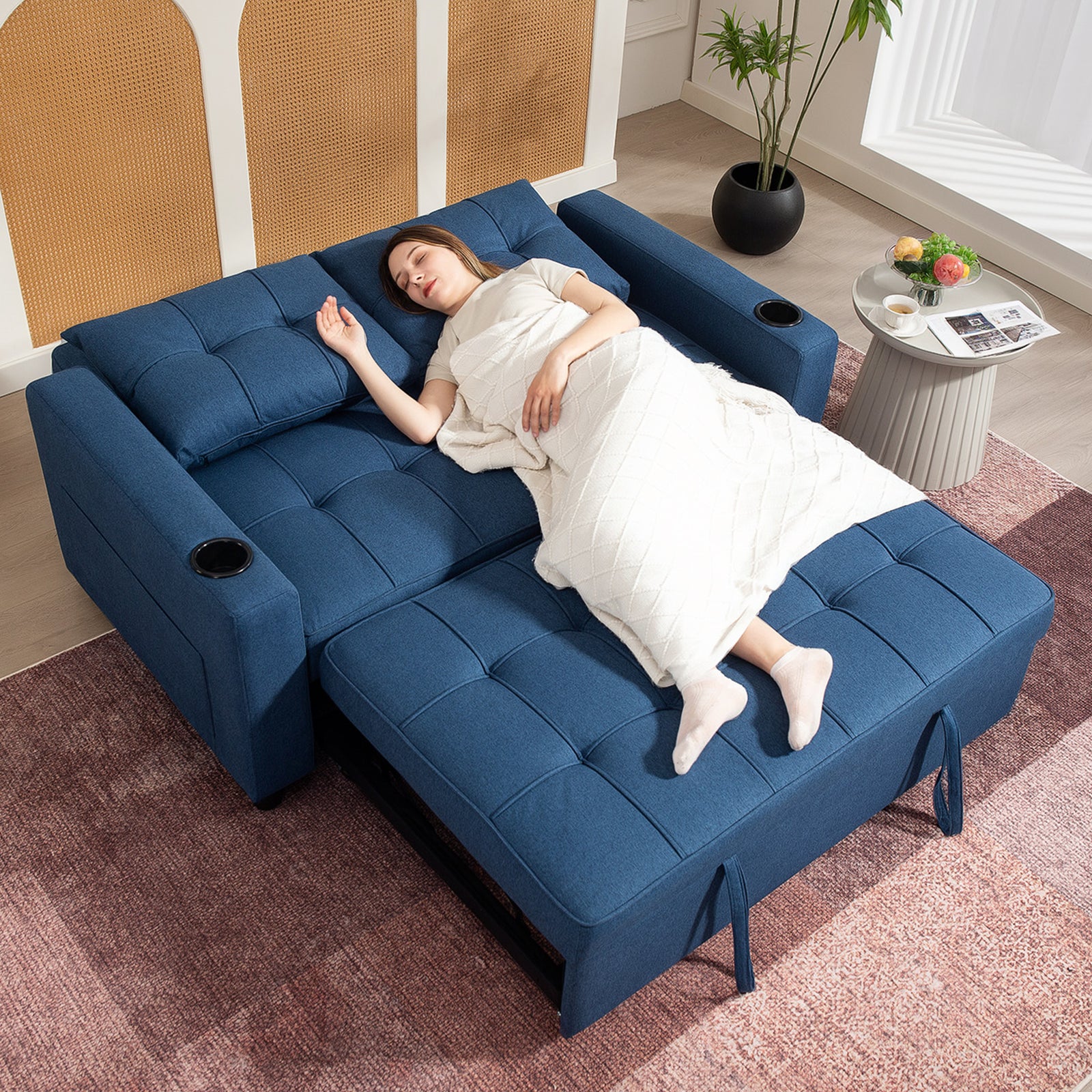 2 Seater Pull Out Sofa Bed With Pockets For Living Room Dark Blue