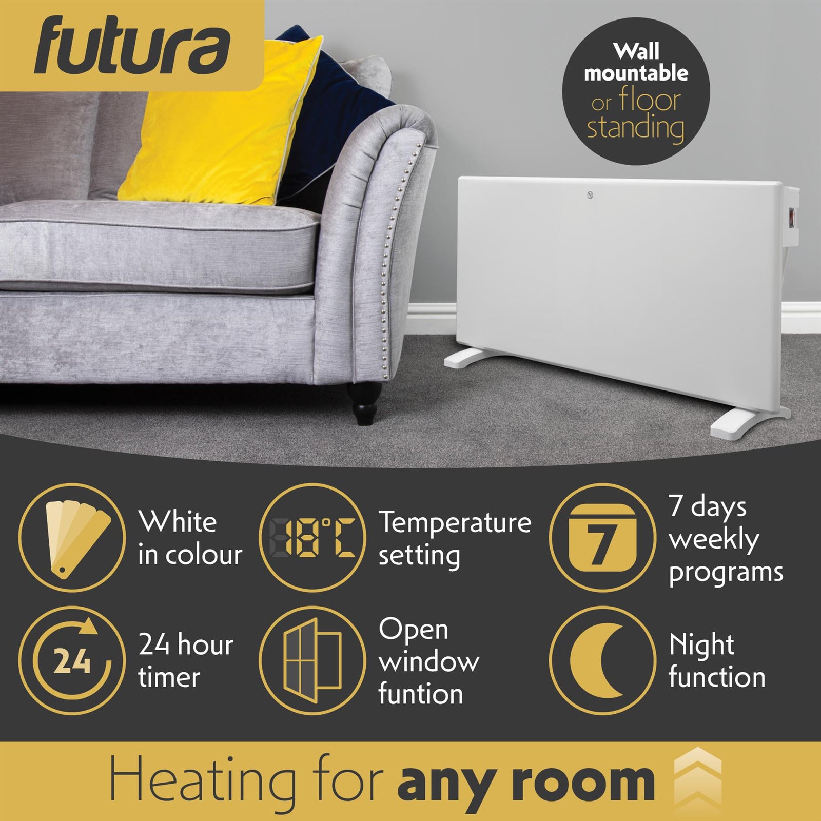 Electric Radiator Panel Heater Wall Mounted Or Floor Standing Bathroom Safe Timer And Thermostat Control | 2000w | White