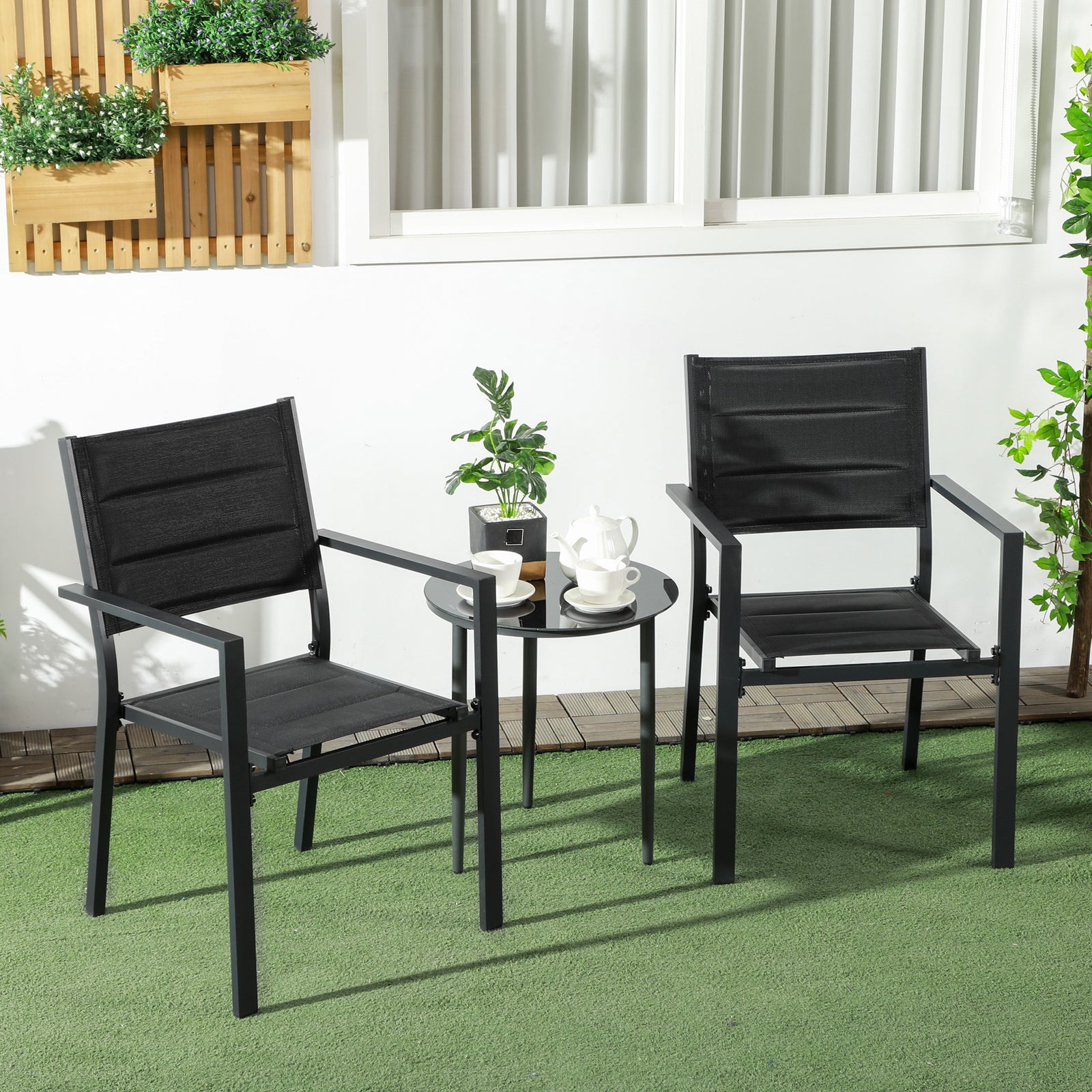2 Pcs Dining Chairs, Stackable Design Aluminium Outdoor | Black
