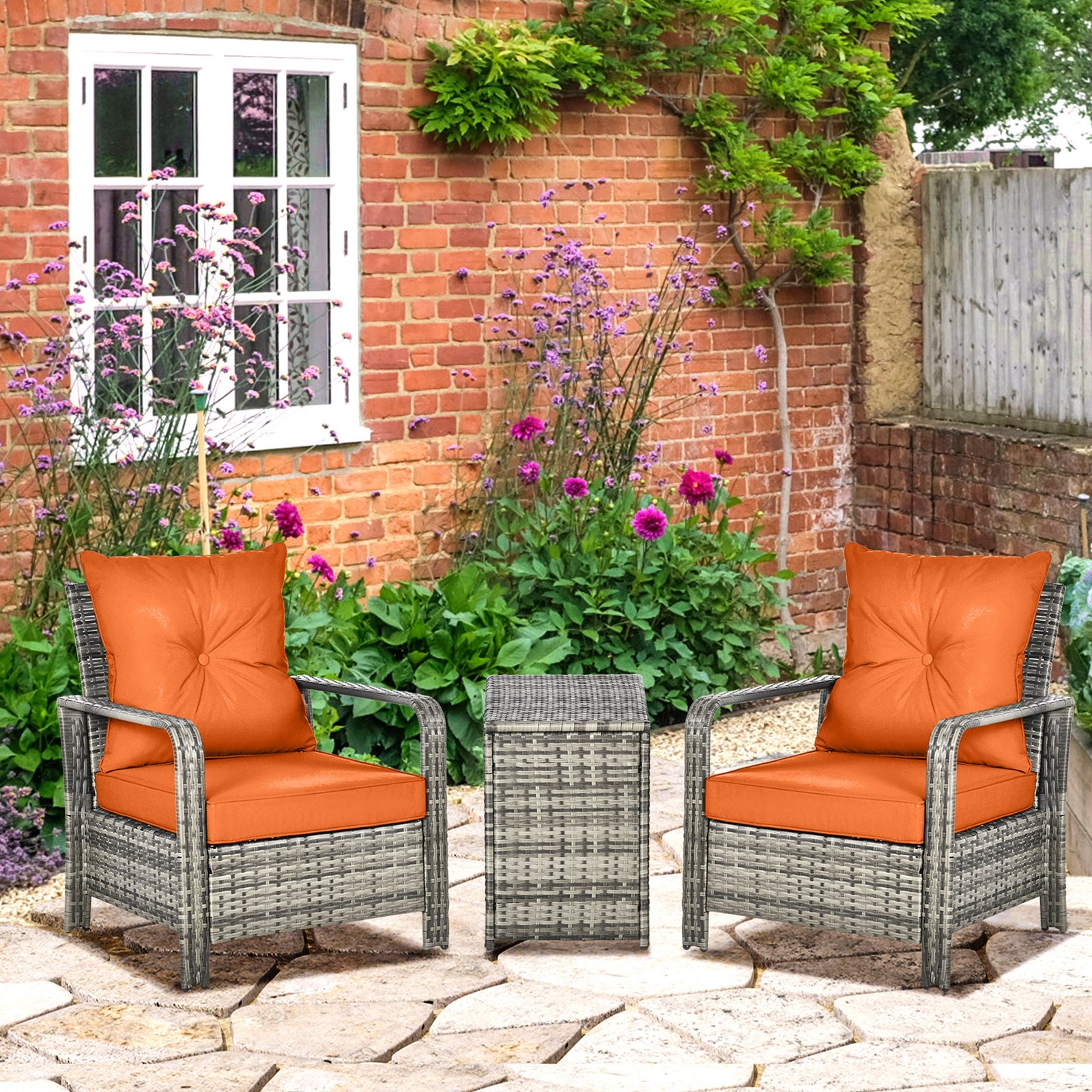 3 Pcs Pe Rattan Garden Sofa Set W/ 2 Chairs & Storage Table | Orange