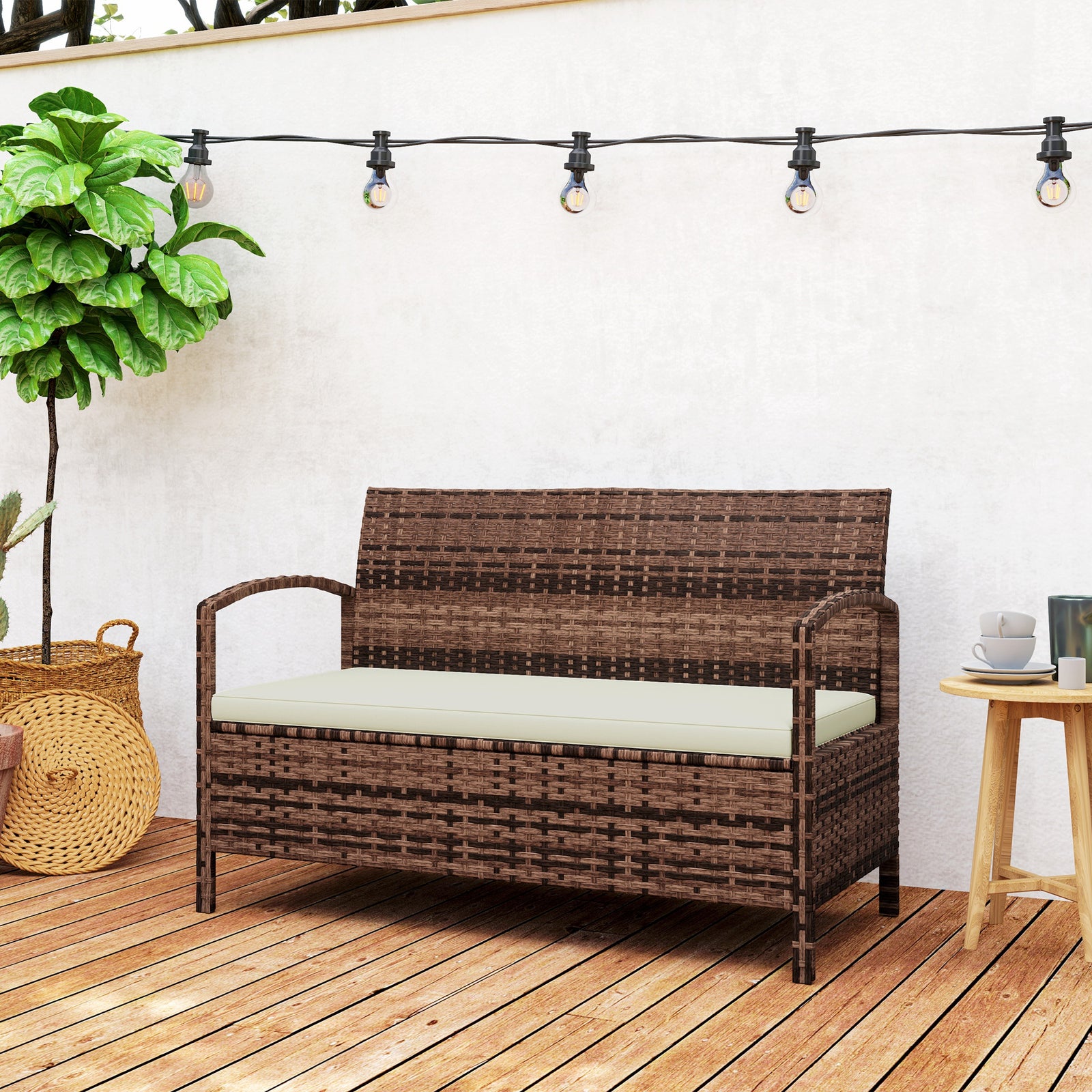Rattan Garden Bench W/ 125l Storage, Cushioned Outdoor Bench | Brown