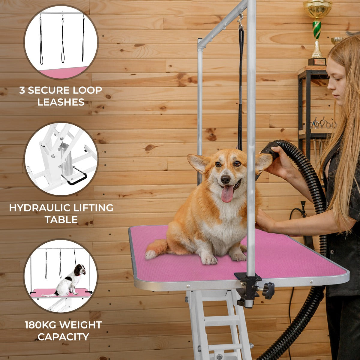 White Hydraulic Grooming Table | Pink