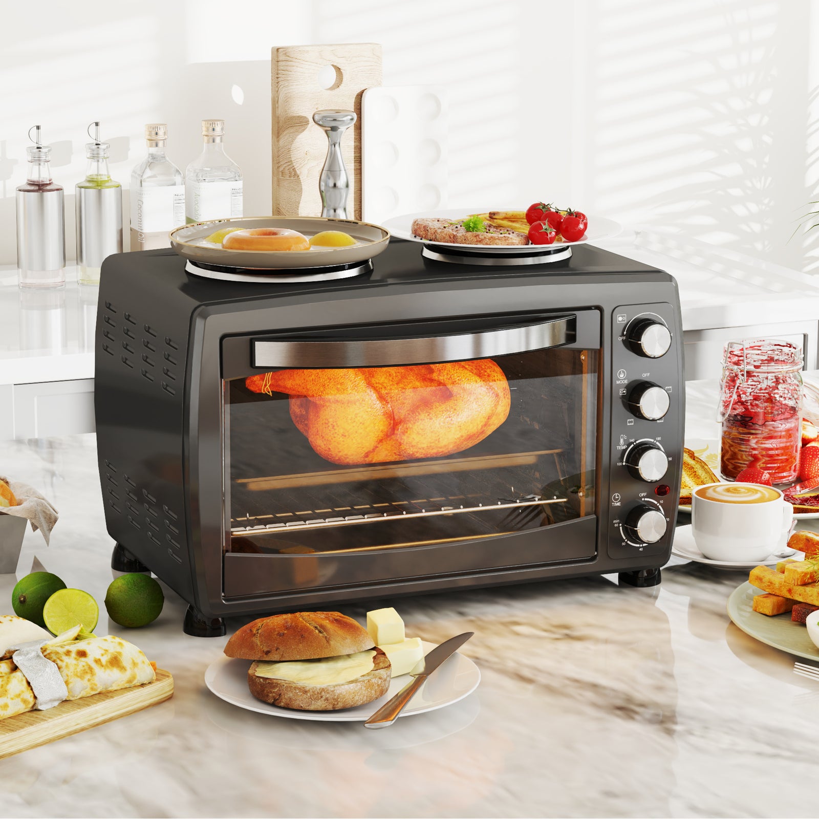 HOMCOM 36l Countertop Toaster Oven With 2 Hot Plates, Grill, Roast