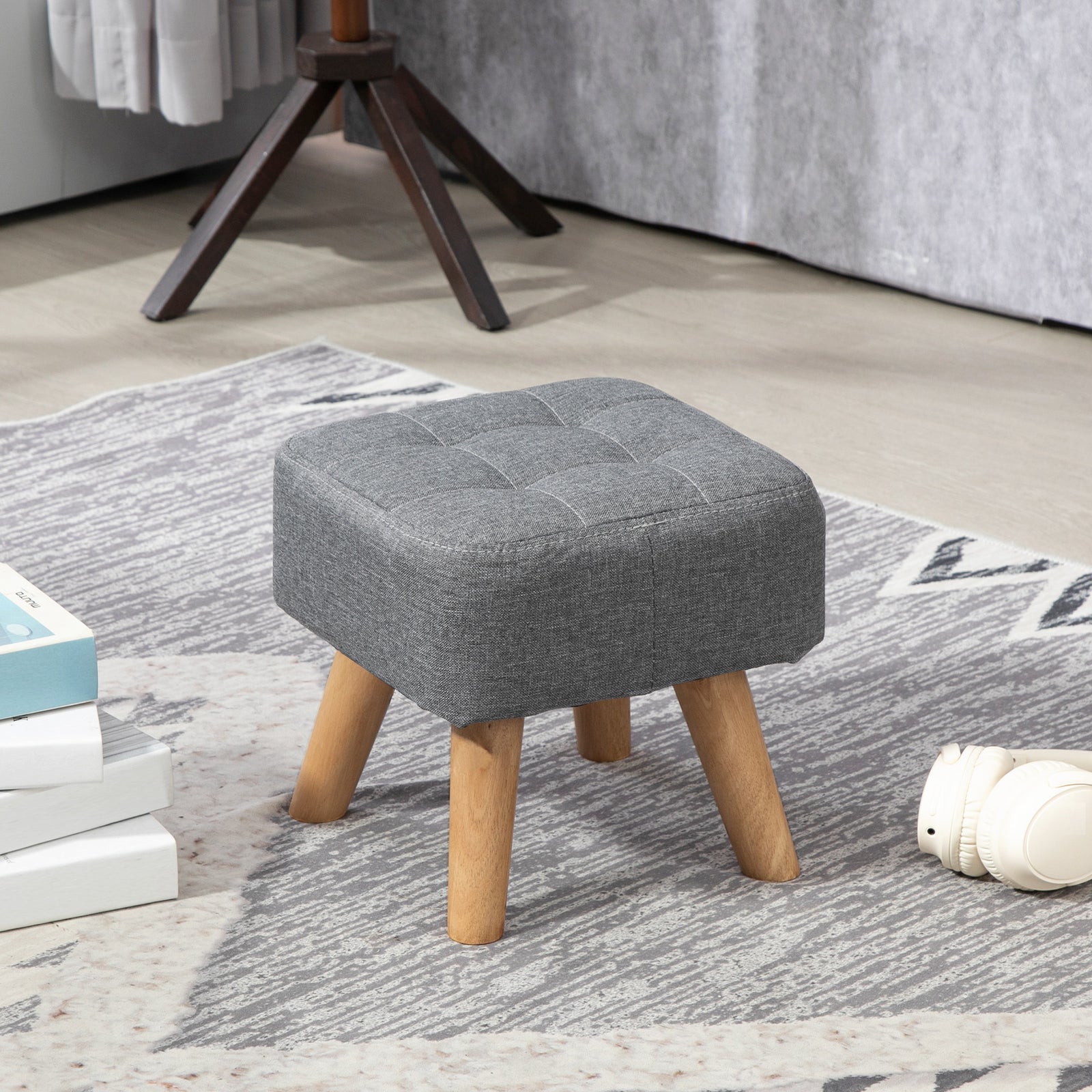Modern Footstool, Fabric Foot Rest With Rubber Wood Legs