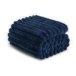 Ribbed Jacquard Fleece Bed Blanket Throw Navy | 200cm x 240cm | Blue