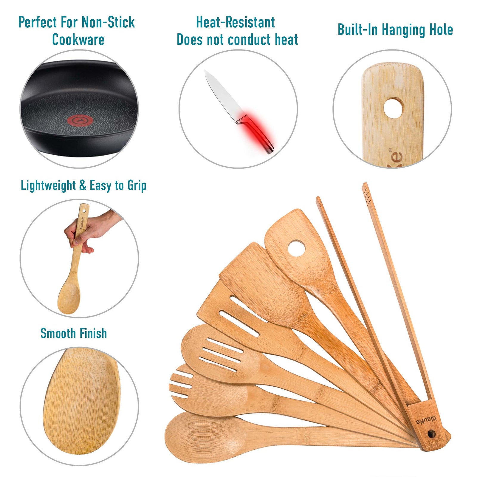 BlauKe Wooden Kitchen Utensils Set Of 7 - Bamboo Cooking Utensils For Non-stick Cookware - Wooden Spatulas, Wooden Spoons, Tongs