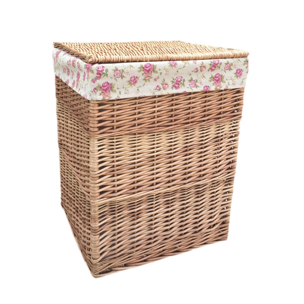 Garden Rose Cotton Lined Light Steamed Square Laundry Baskets | Small | Pink