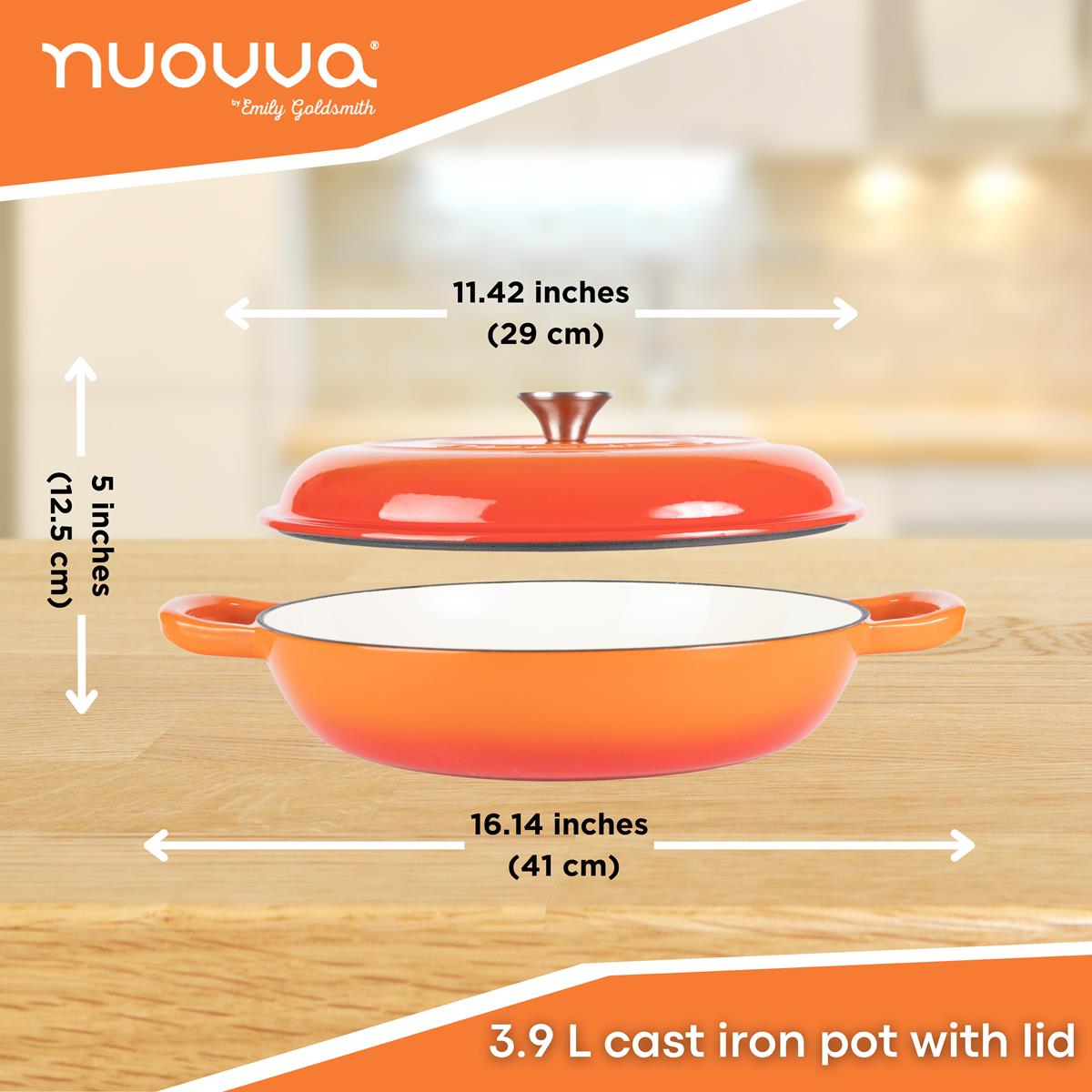 Shallow Cast Iron Casserole Pot With Lid  - 30cm , 3.7-quart | Orange