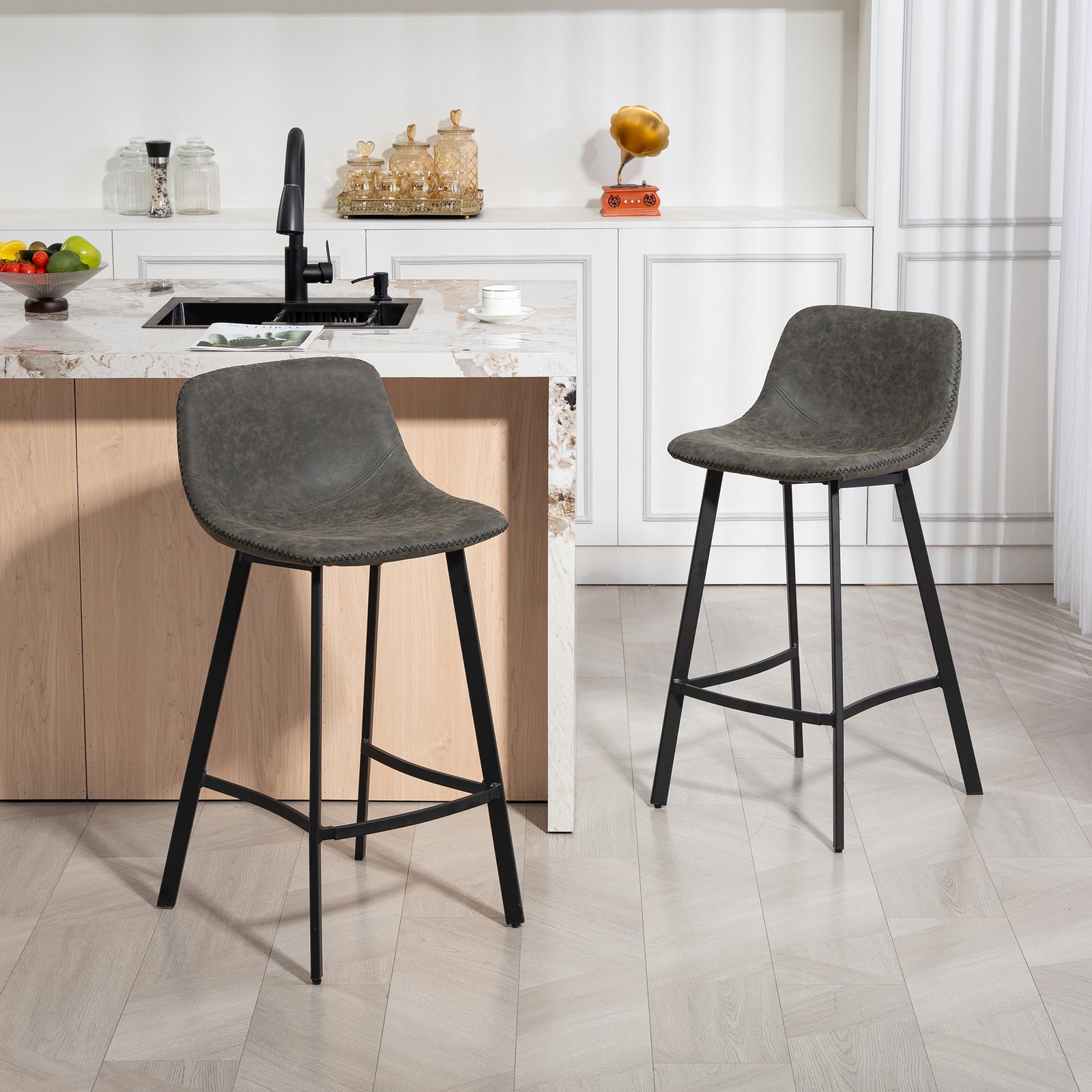 Bar Stools Set Of 2, Bar Chairs With Back And Steel Legs | Grey