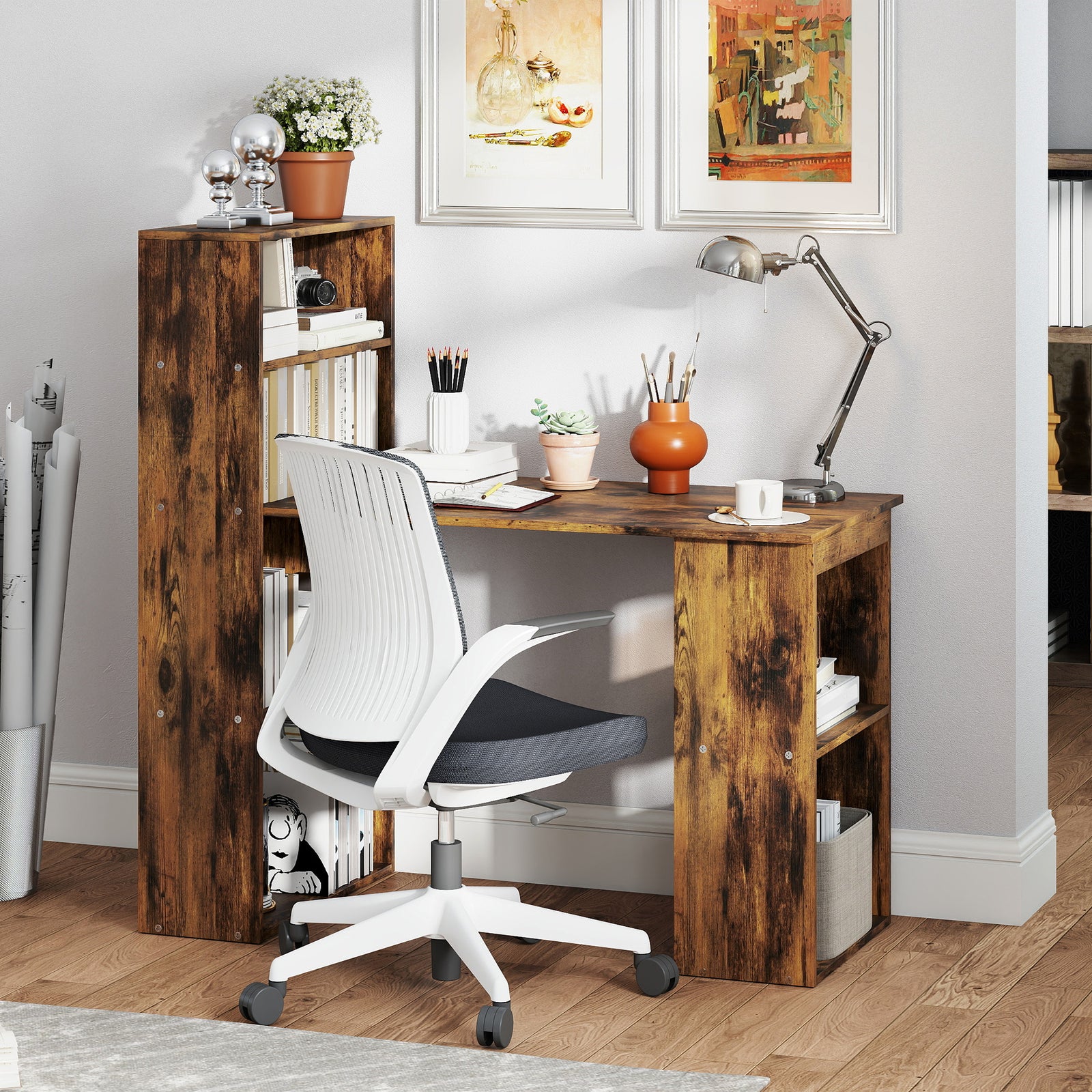 120cm Computer Desk Bookshelf Writing Table 6 Shelves | Brown