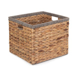 Water Hyacinth Square With Grey Rope Border Storage Basket | Small | Brown