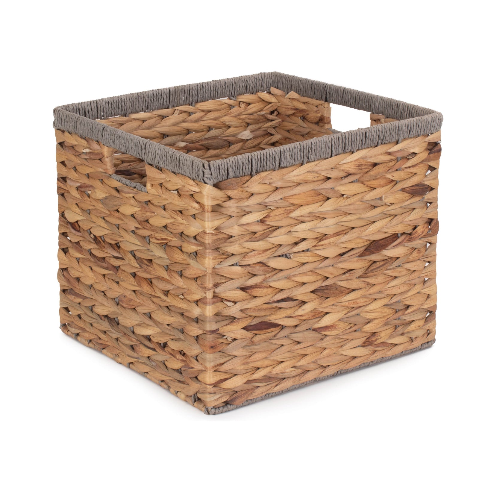 Water Hyacinth Square With Grey Rope Border Storage Basket | Small | Brown