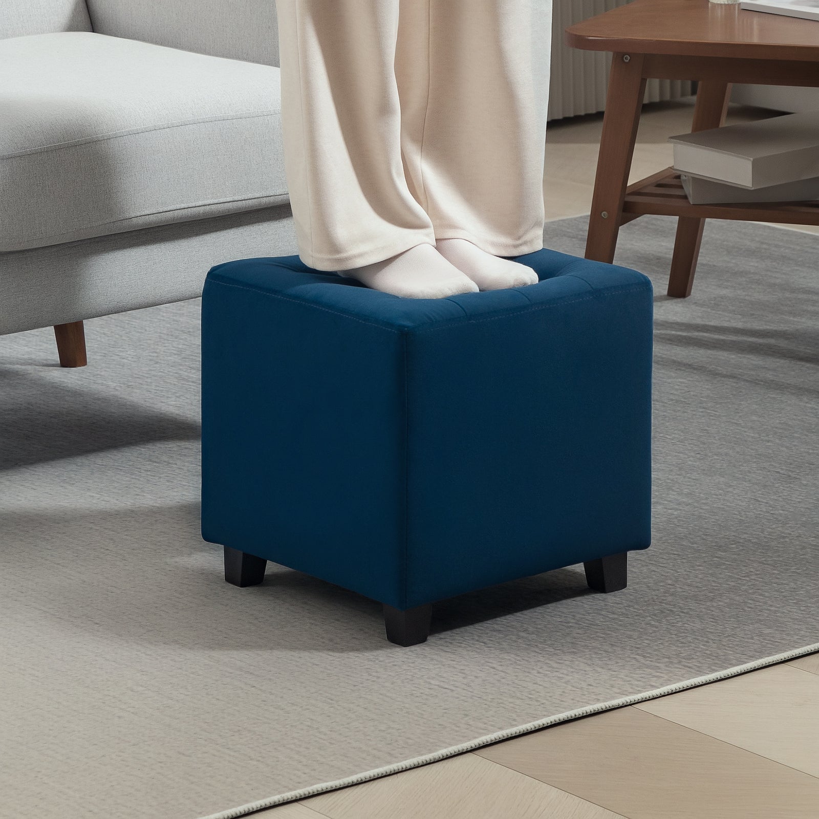 Square Footstool Small Ottoman With Wood Legs For Bedroom | One Size | Blue