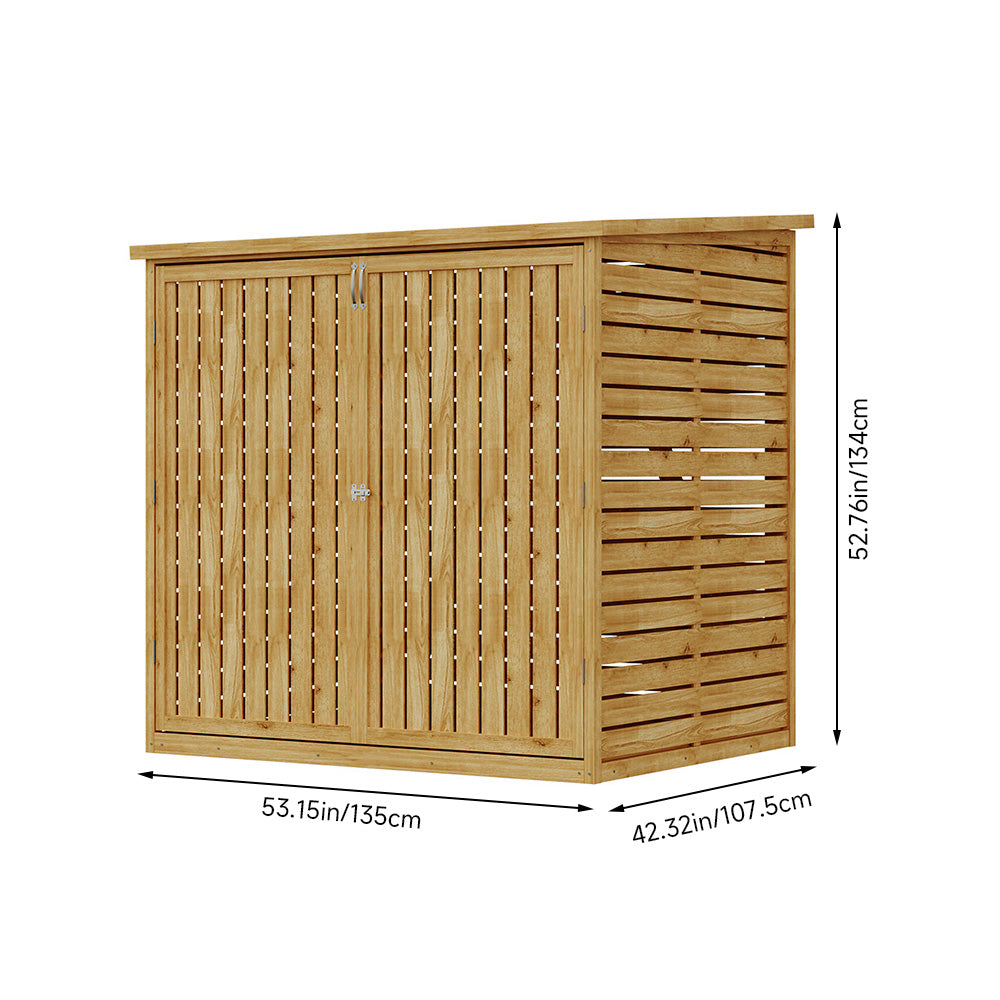 Outdoor Fir Wood Trash Bin Storage Shed– Sloped Asphalt Roof, Lockable Door, Natural Wood, Floor Included