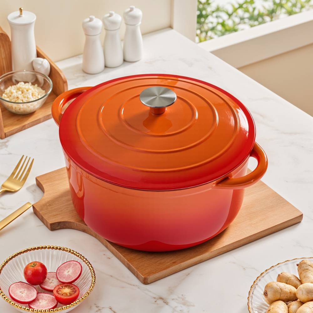 Enameled Cast Iron Dutch Oven With Lid, Heavy-duty Round Casserole Pot, Oven Safe Up To 500°f | 6L | Orange