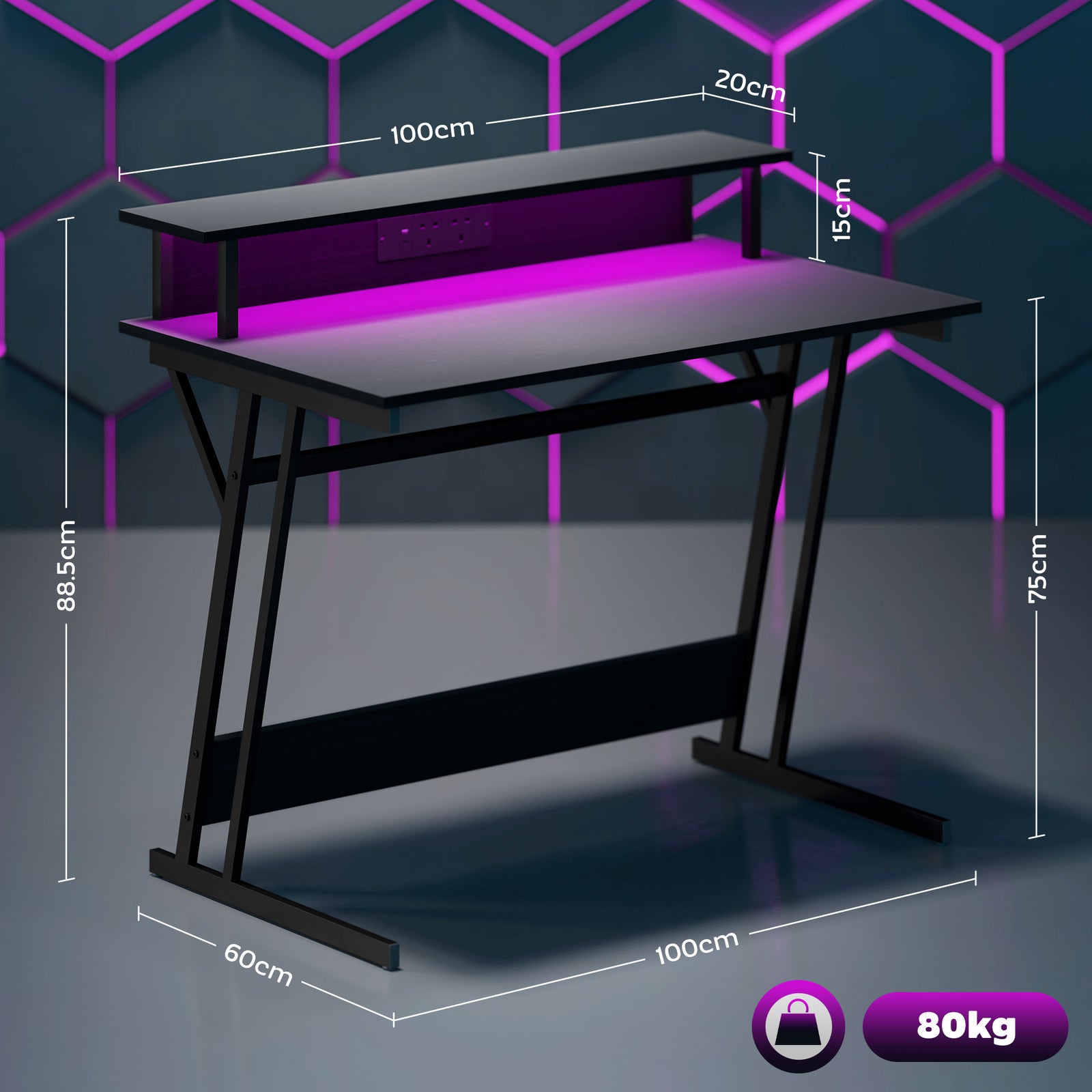Led Gaming Desk With Power Outlets And Monitor Stand