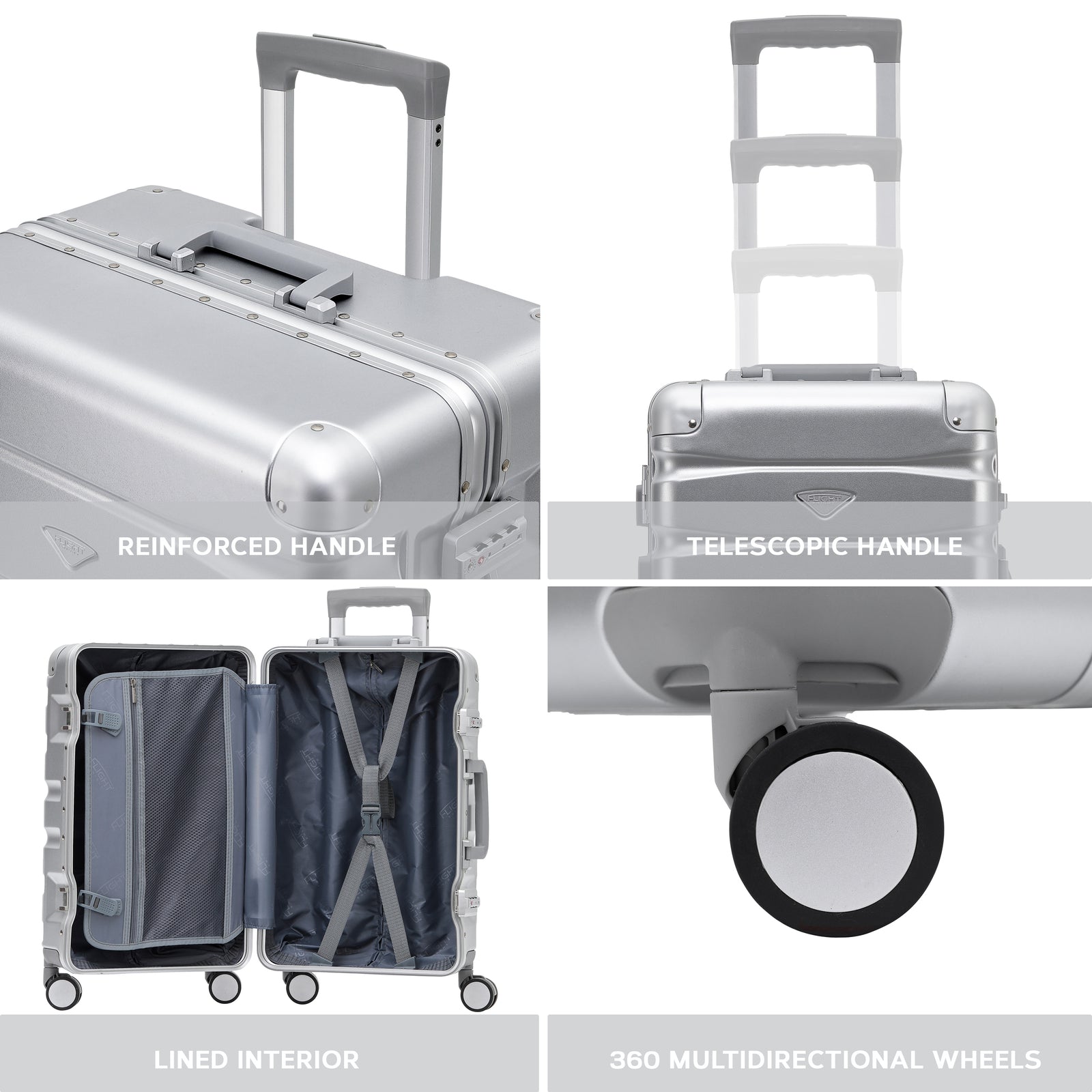 Set Of 3 Aluminium Frame/ABS Body Outer Cabin Carry & Check In Hold Luggage. Overhead Cabin Bag + Medium & Large Check-in Hold Suitcases | Set-of-3 | Silver