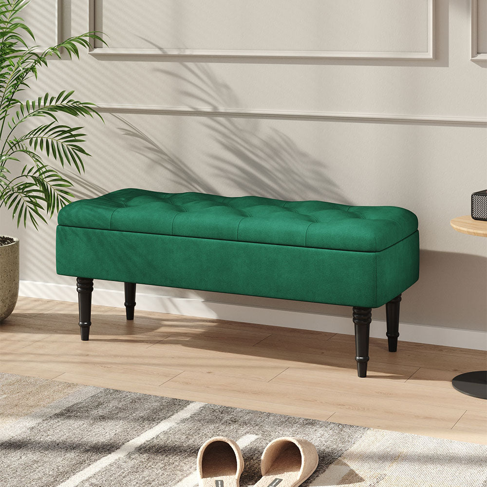 Velvet Upholstered Storage Bench With Button-tufted Seat And Rubberwood Legs | Green