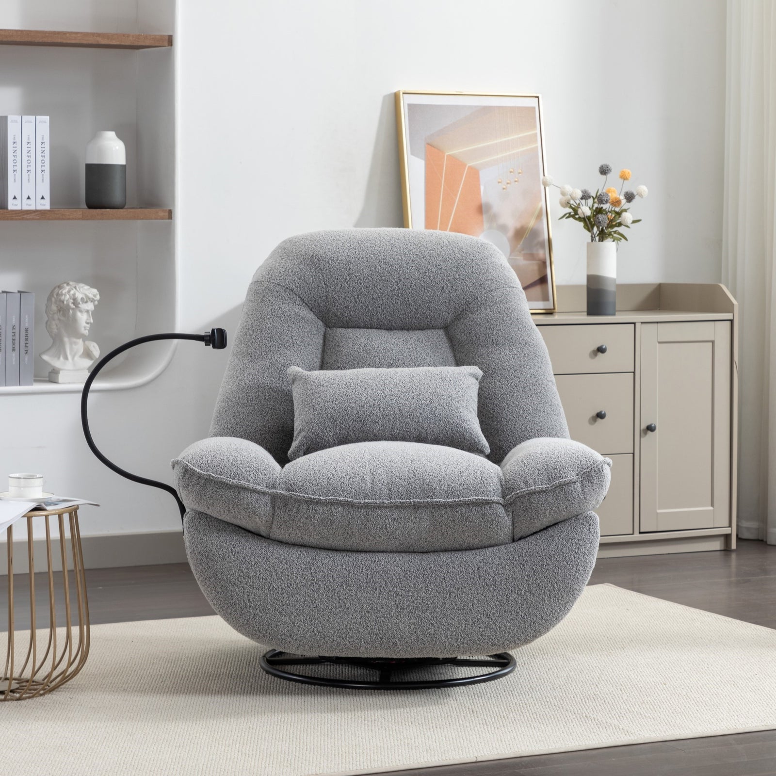 Fallon Boucle Fabric Swivel Based Recliner Chair Phone Holder | Light Slate Grey