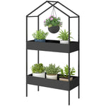 Outsunny 2 Tier Plant Stand, Outdoor Indoor Metal Plant Stand With Hook