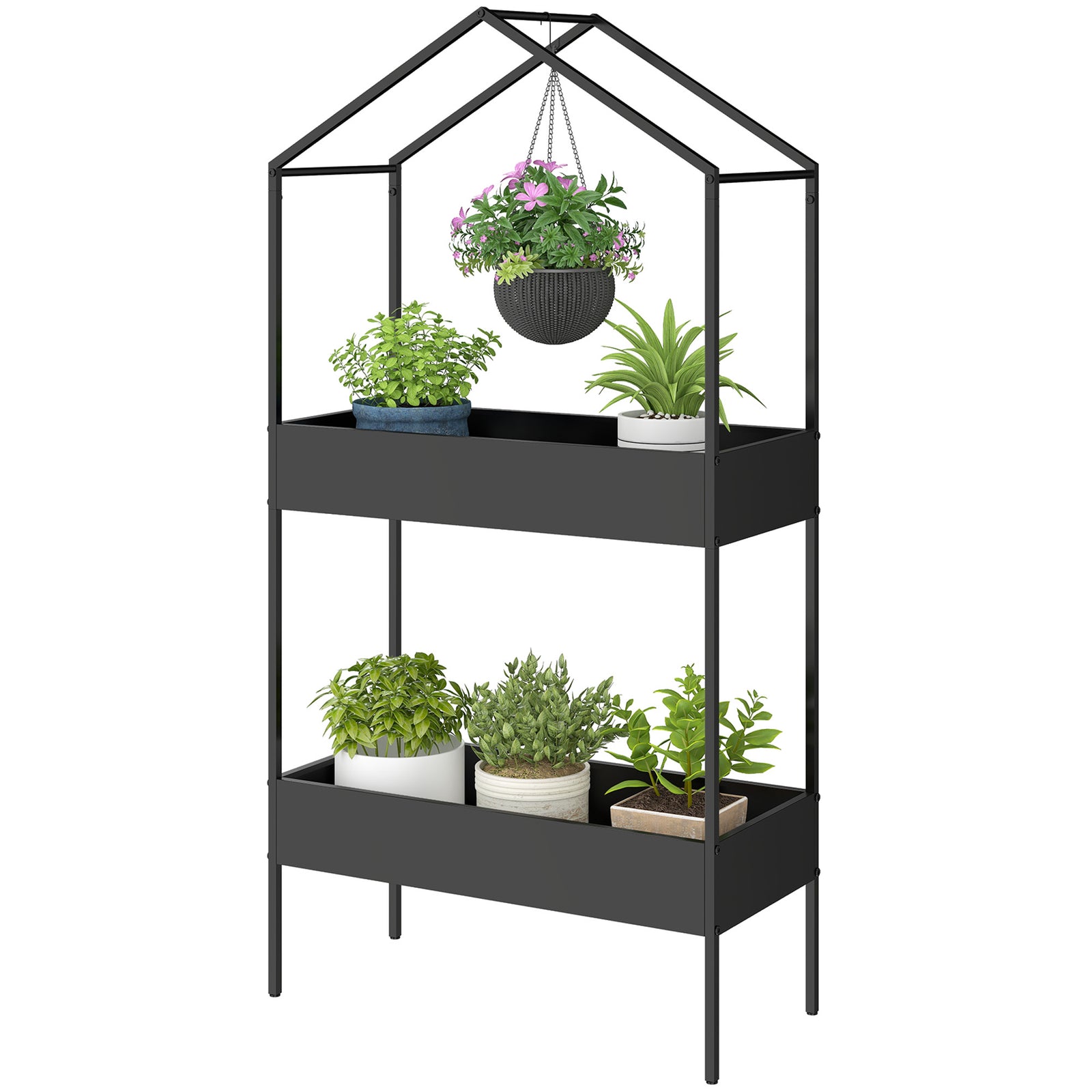 Outsunny 2 Tier Plant Stand, Outdoor Indoor Metal Plant Stand With Hook