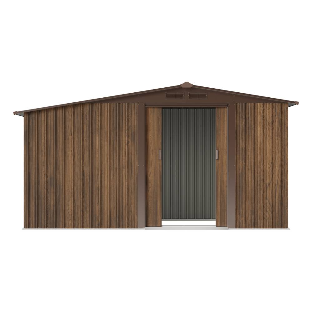 4x8ft Outdoor Metal Storage Shed With With Extra 70cm Firewood Storage – Apex Roof Garden Tool Shed, Double Sliding Doors,brown Wood Grain, Ventilated & Rust-resistant Garden Shed