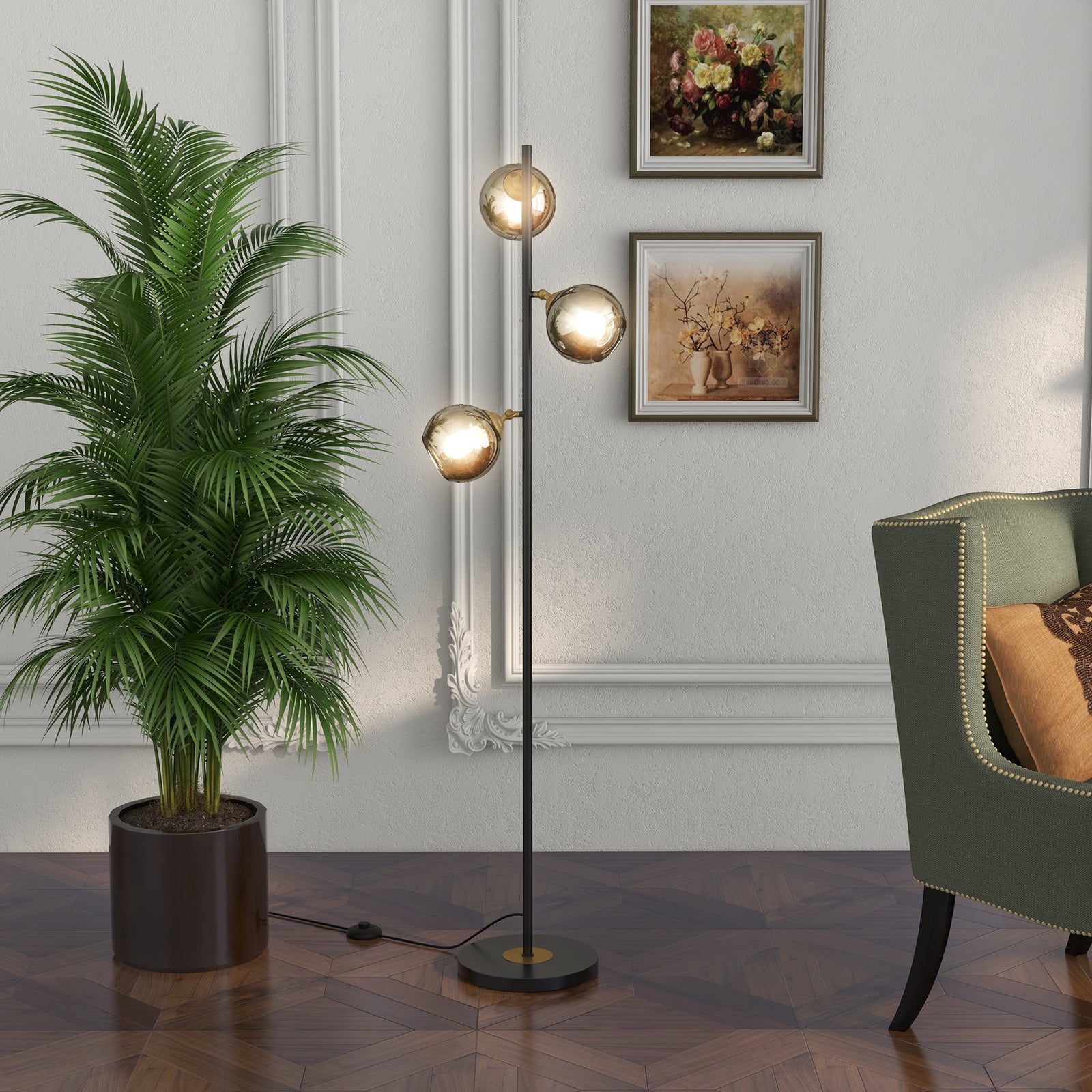 Modern Floor Lamp With Glass Global Shade 3 Light