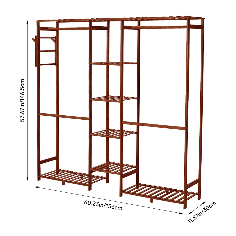 Wooden Garment Rack With Side Hooks Multi-functional Freestanding Clothes Organizer | Large | Brown