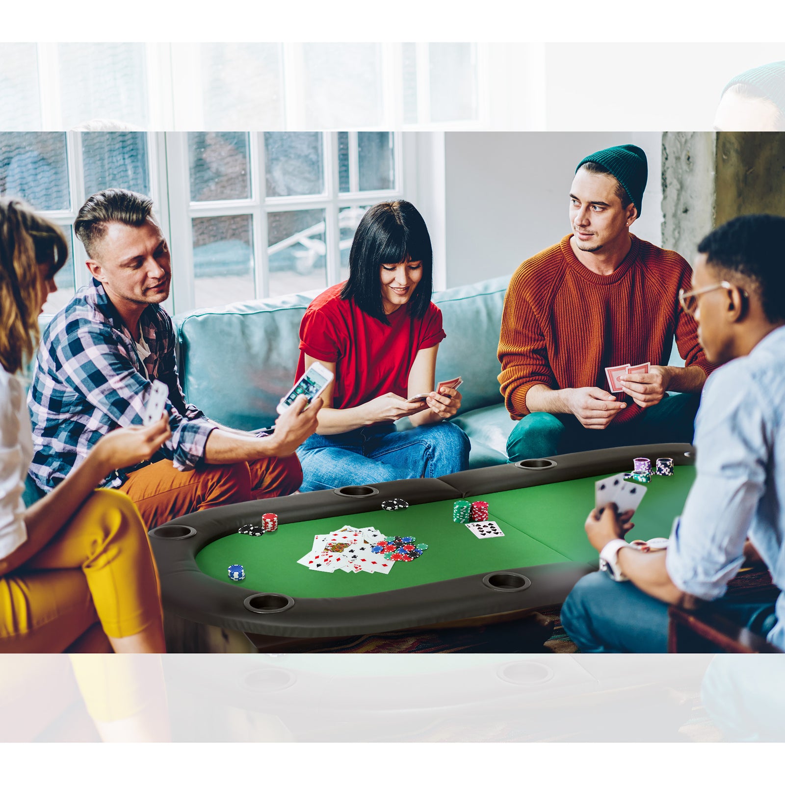 8 Player Folding Poker Table With Cup Holders, Green