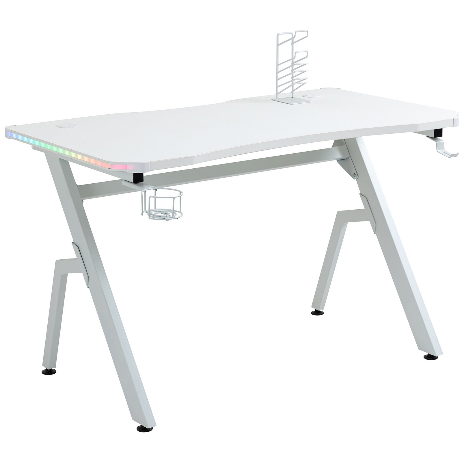 Ergonomic Gaming Desk With Hook Cup Holder Led | White