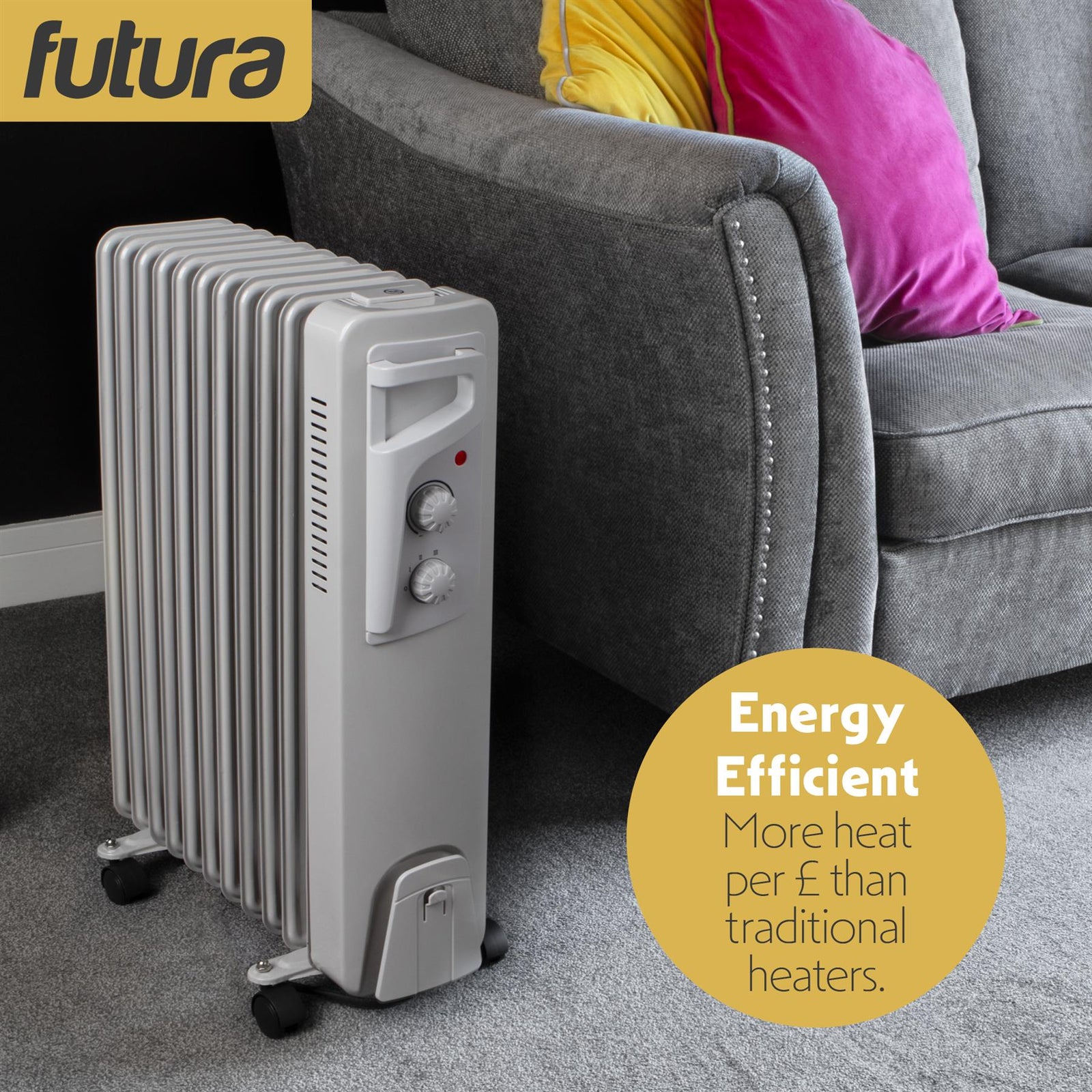Oil Filled Radiator Portable Electric Room Oil Heater 3 Heat Settings | 2500w | Grey