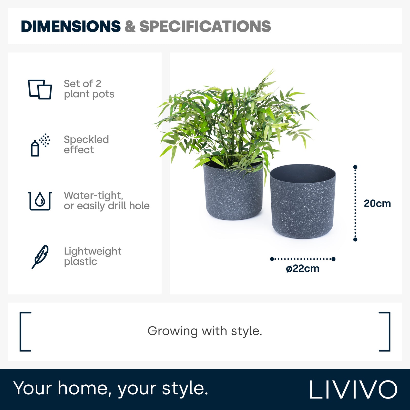 22cm Round Plant Pot Set Of 2 - Matt Grey