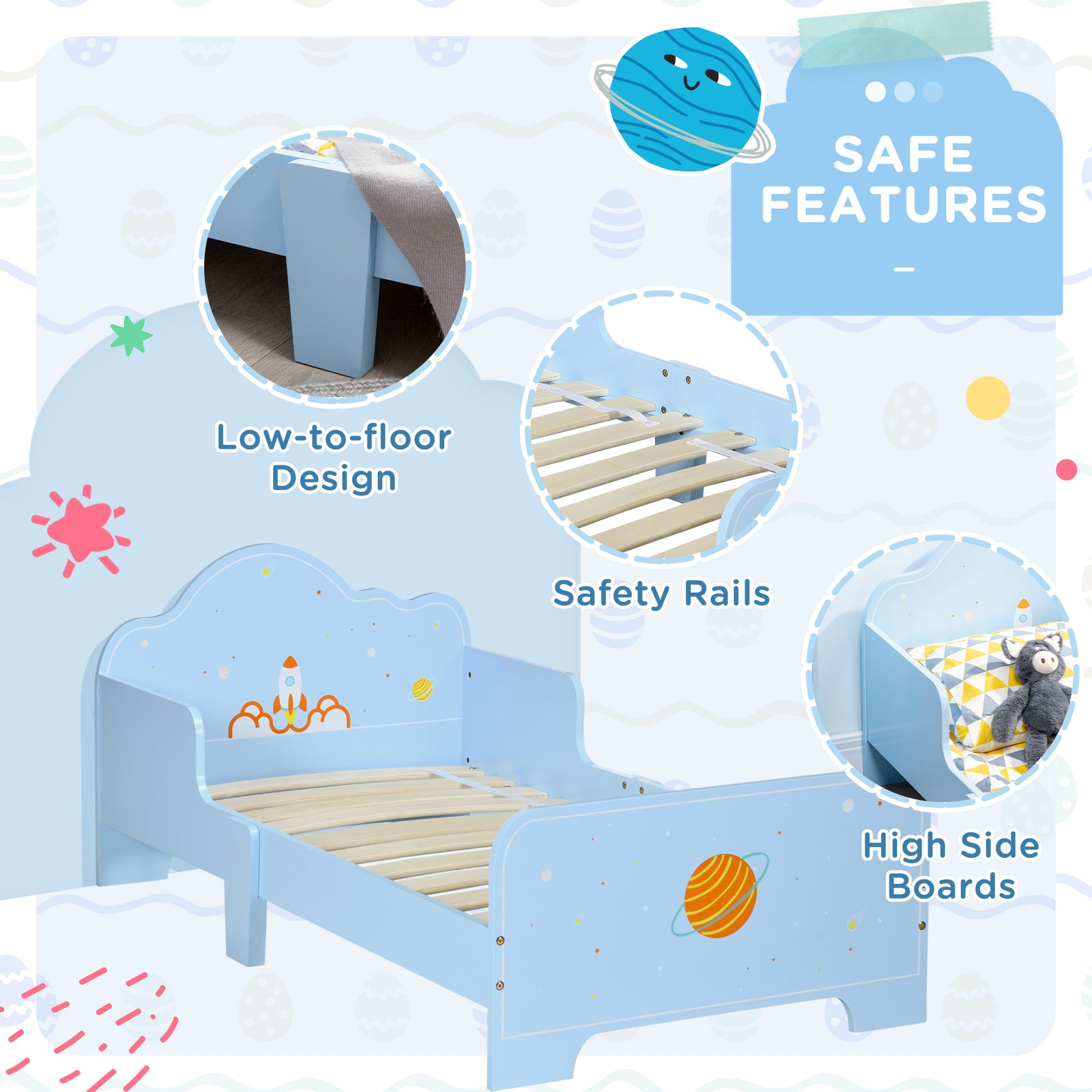 Kids Toddler Bed With Rocket And Planets Patterns, For Boys, Girls, Ages 3-6 Years | Blue