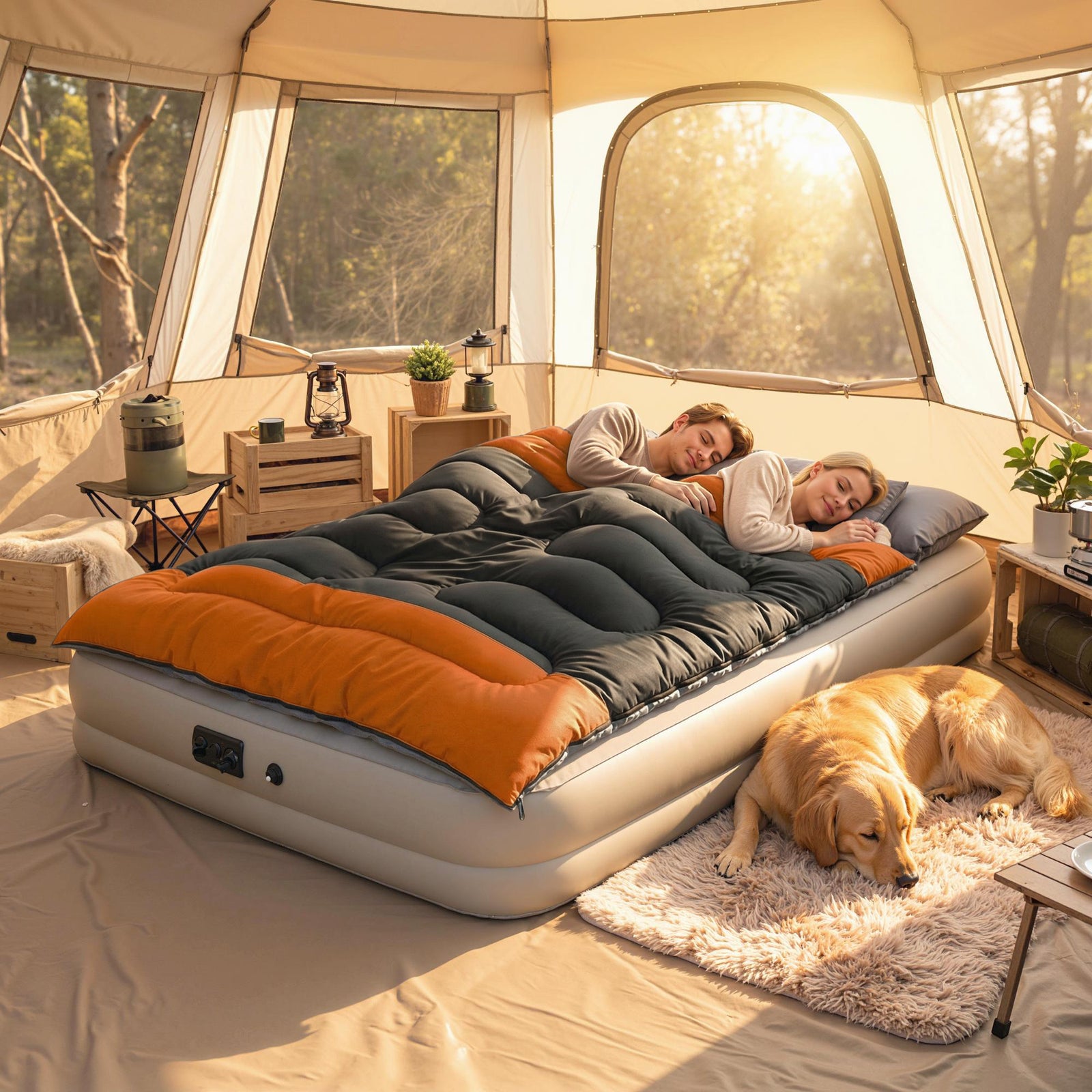 Double Sleeping Bag With 2 Pillows, 220 X 160cm Sleeping Bag | Orange & Black