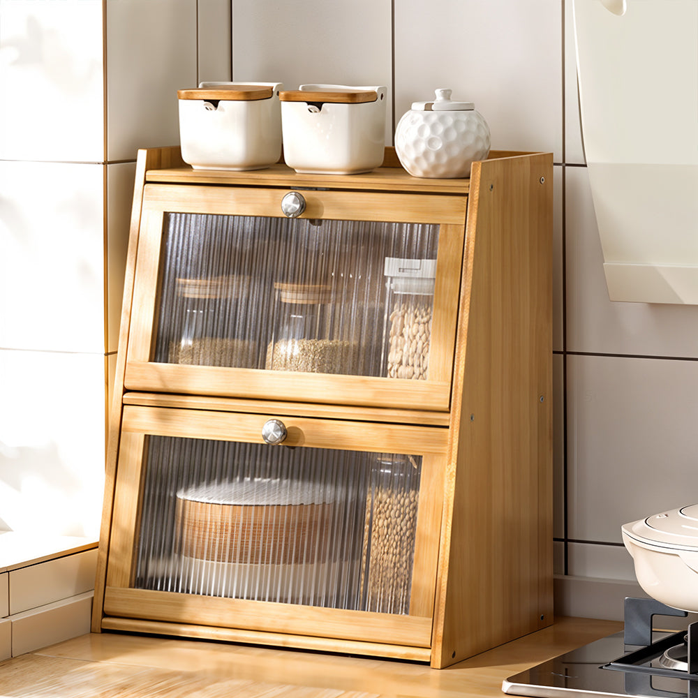 3-tier Bamboo Bread Storage Cabinet With Acrylic Flap Door, Space-saving Trapezoid Design | Natural
