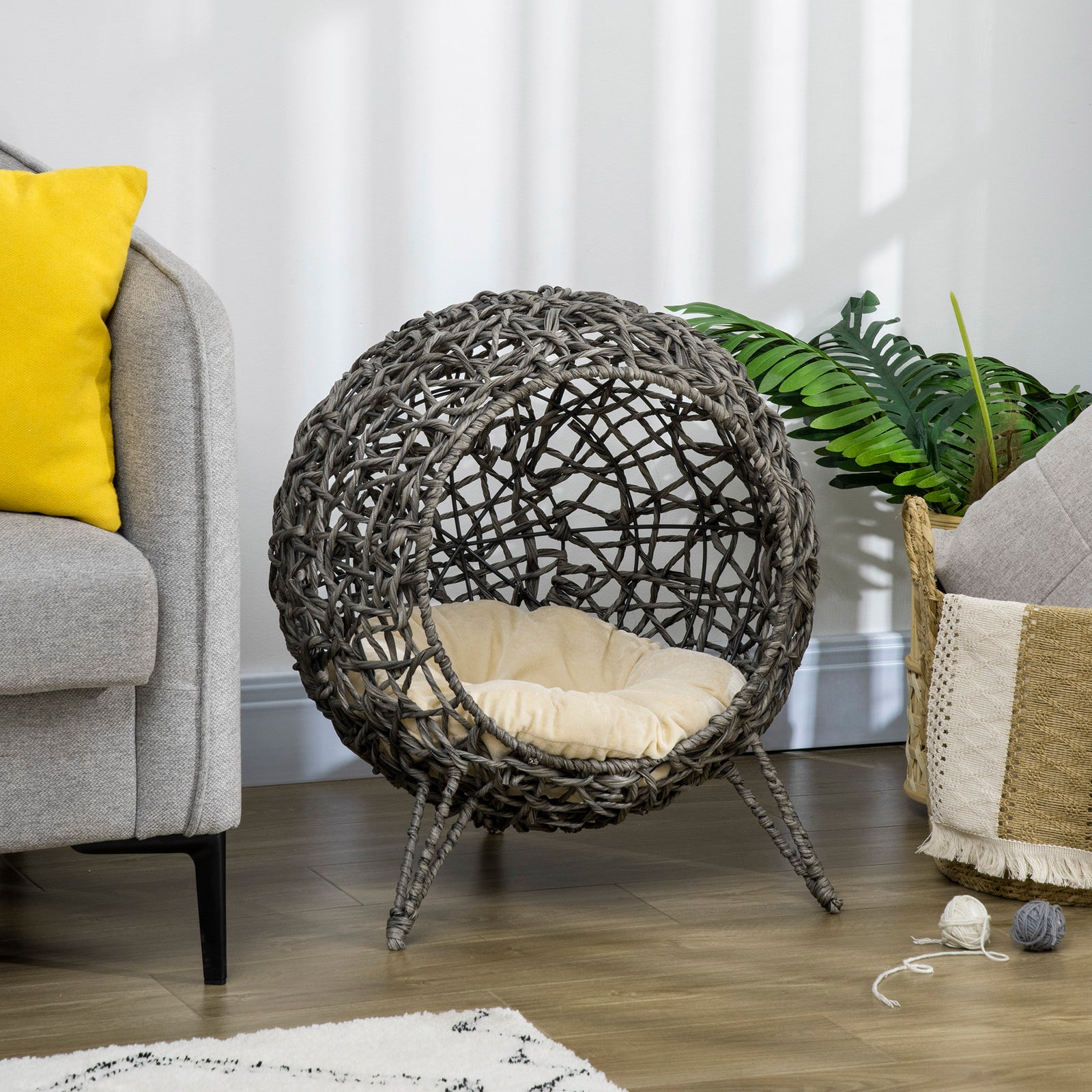 Wicker Cat House, Ball-shaped Rattan Raised Cat Bed | Gray