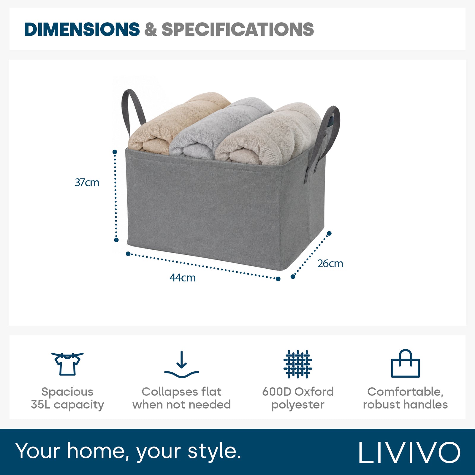 Collapsible Laundry Bags 2 Pack 35l Fabric Storage Baskets With Handles | Grey