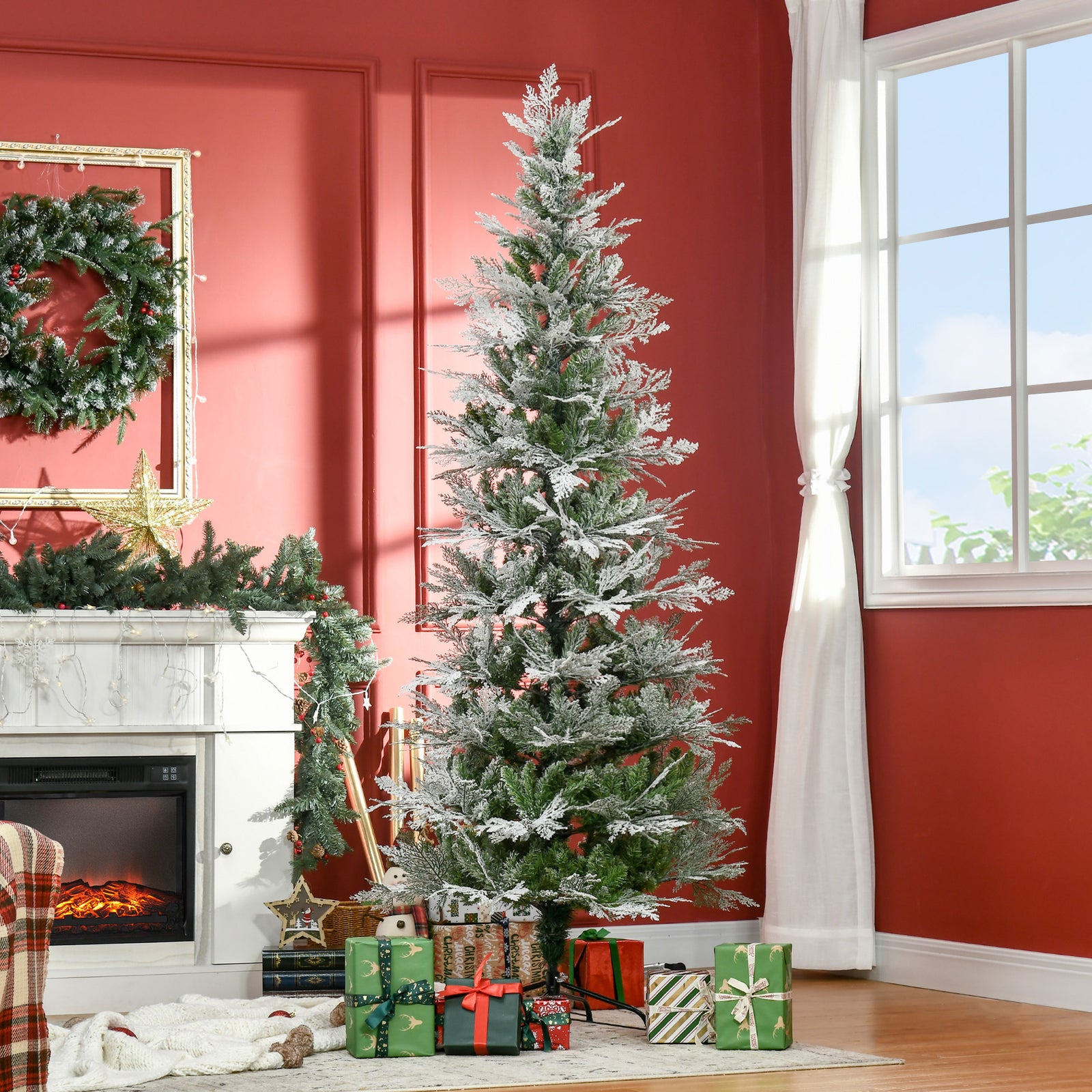 6/7ft Snow Flocked Artificial Christmas Tree Pencil Shape | 7ft | Green