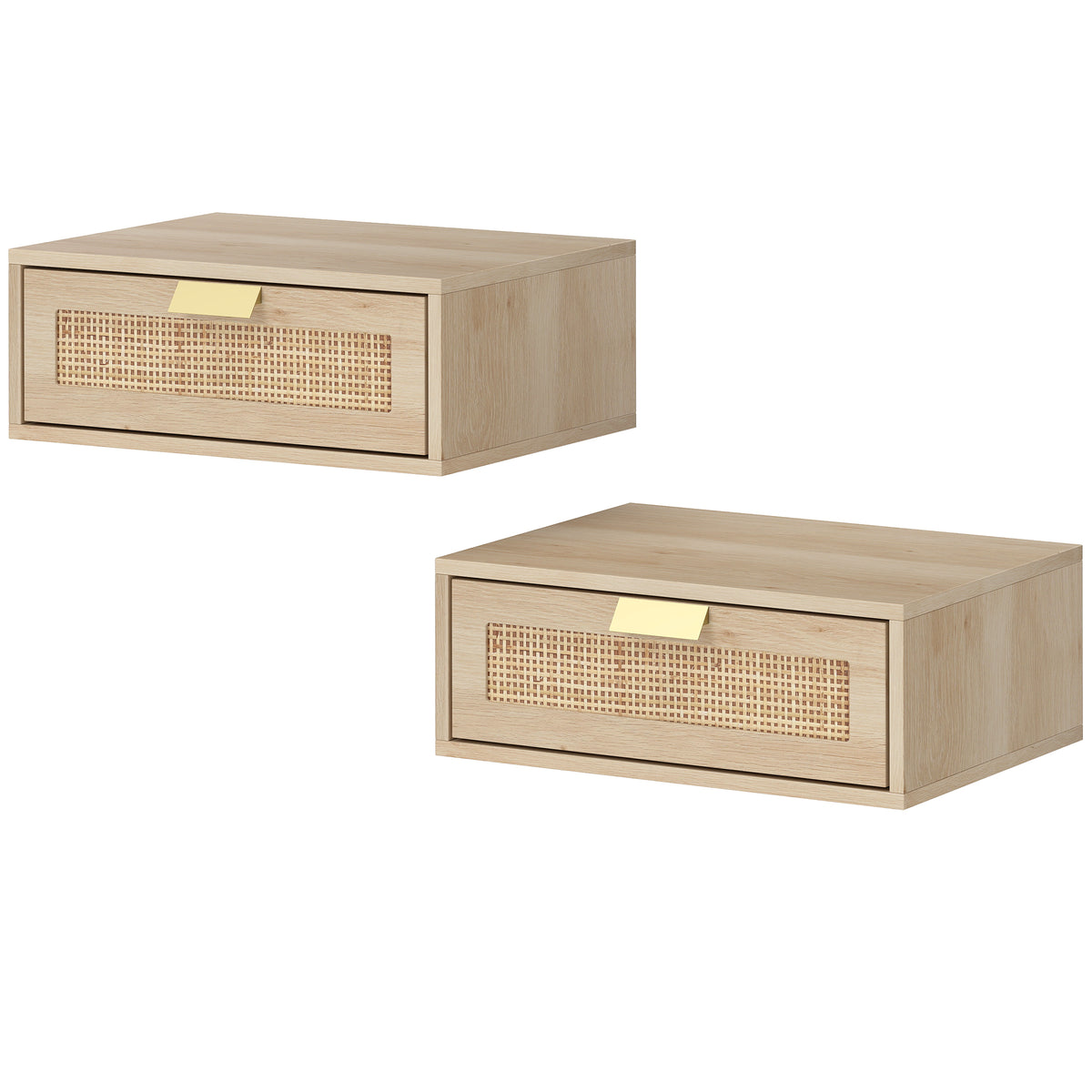 HOMCOM Floating Bedside Tables Set Of 2, Boho Nightstands With Rattan Drawer