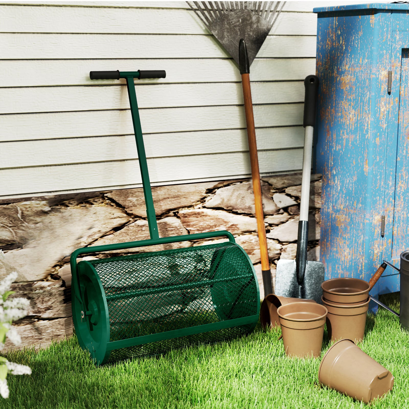 Compost Spreader, 24" Garden Spreader W/ Height Adjustable Handle