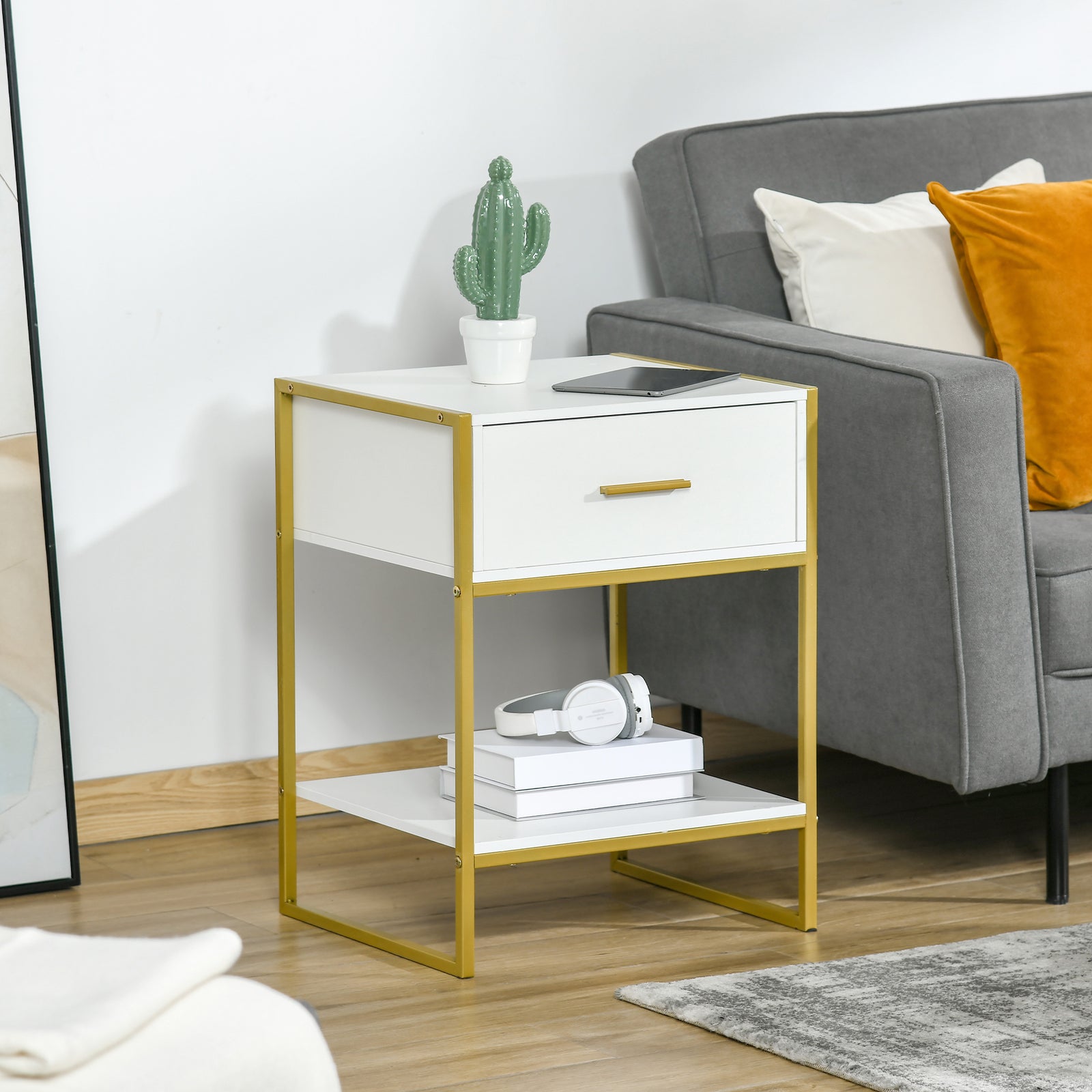 Modern Bedside Table Side Table Shelf Drawer | Set of 1 | White