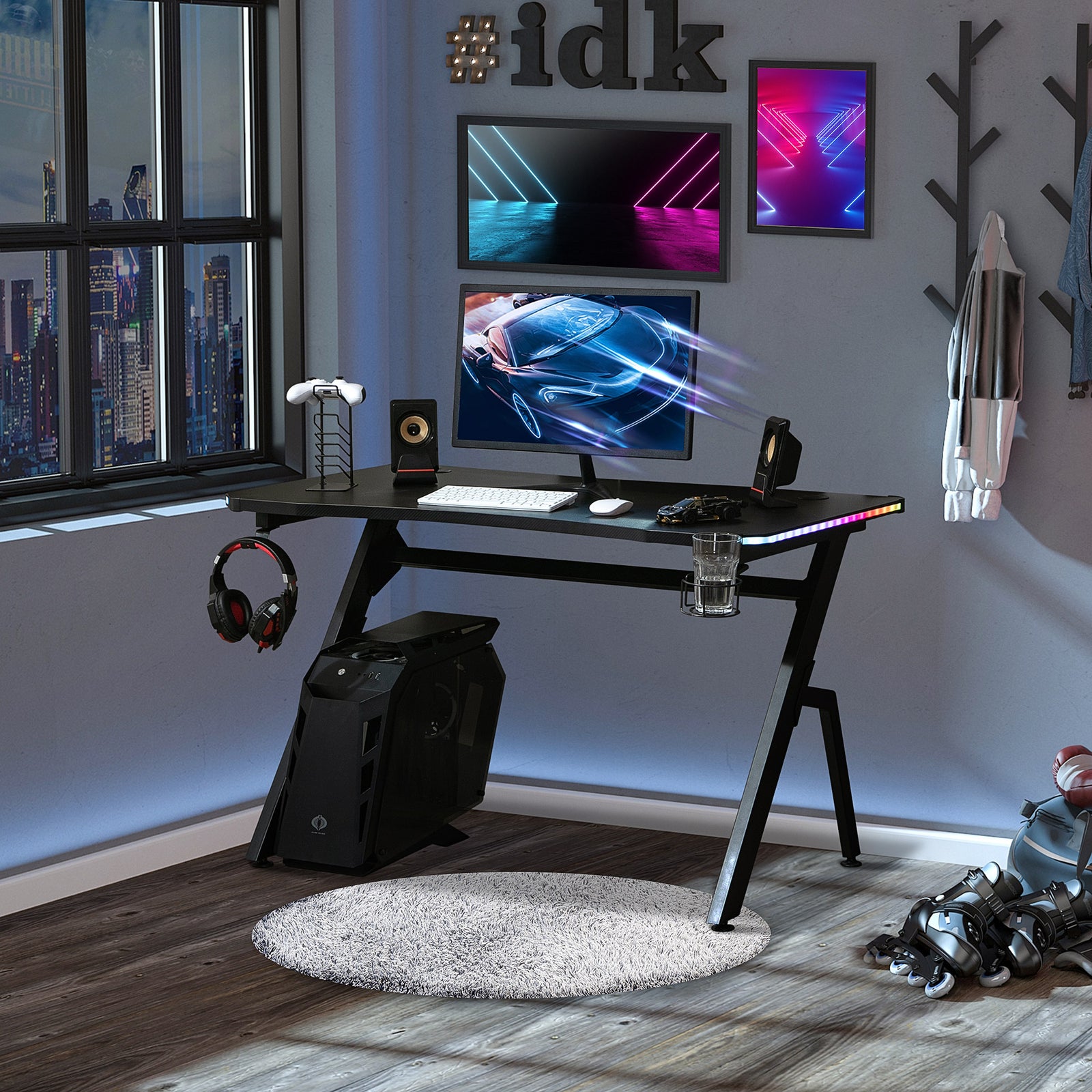 Ergonomic Gaming Desk With Hook Cup Holder Led | Black